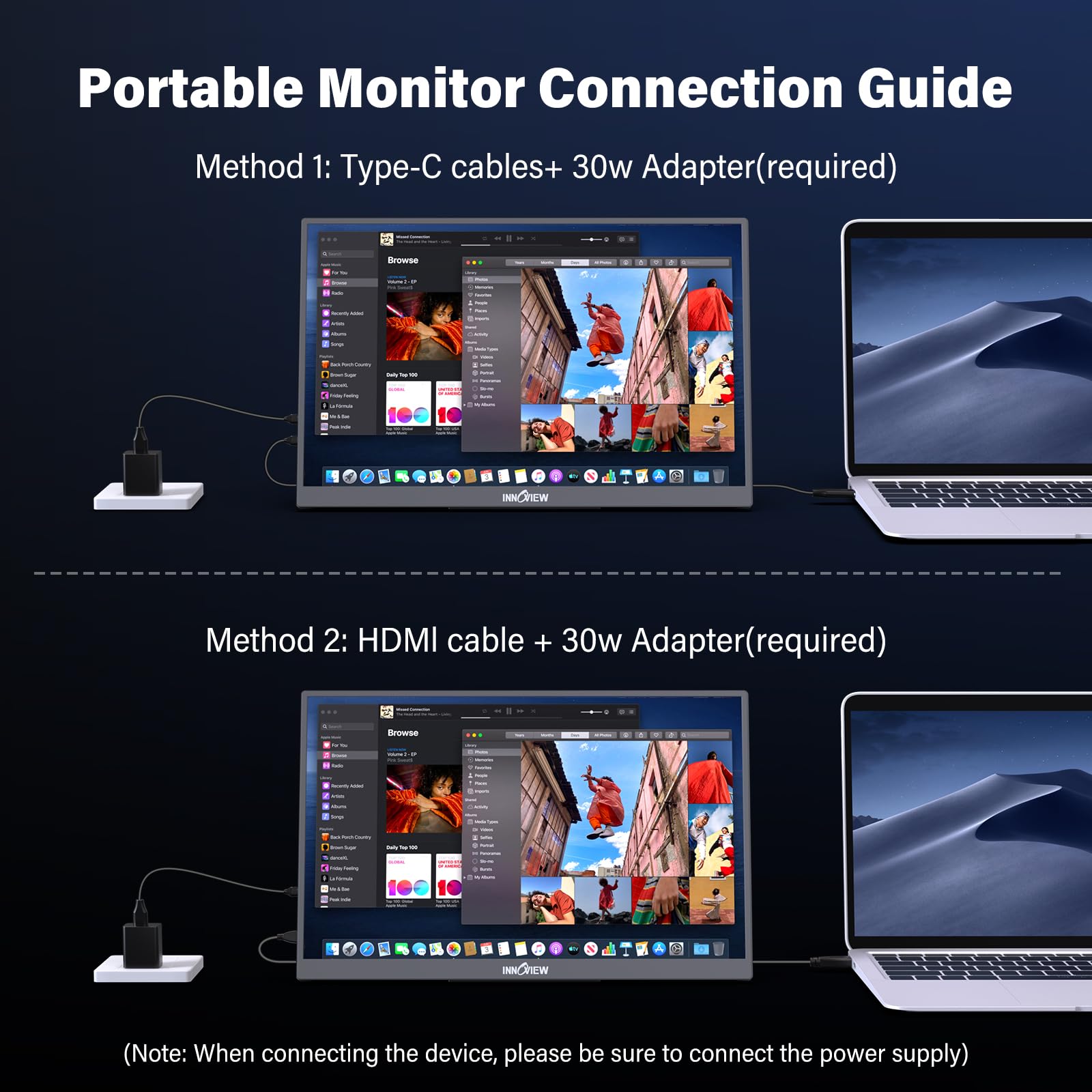 InnoView 15.6" Portable Monitor 60Hz 4K UHD 3840x2160 | 100% sRGB HDR | Travel Monitor with 2 USB-C & HDMI Ports | Second Screen for Laptop Mac PC Xbox PS5 Switch (Includes Adapter) — view 4