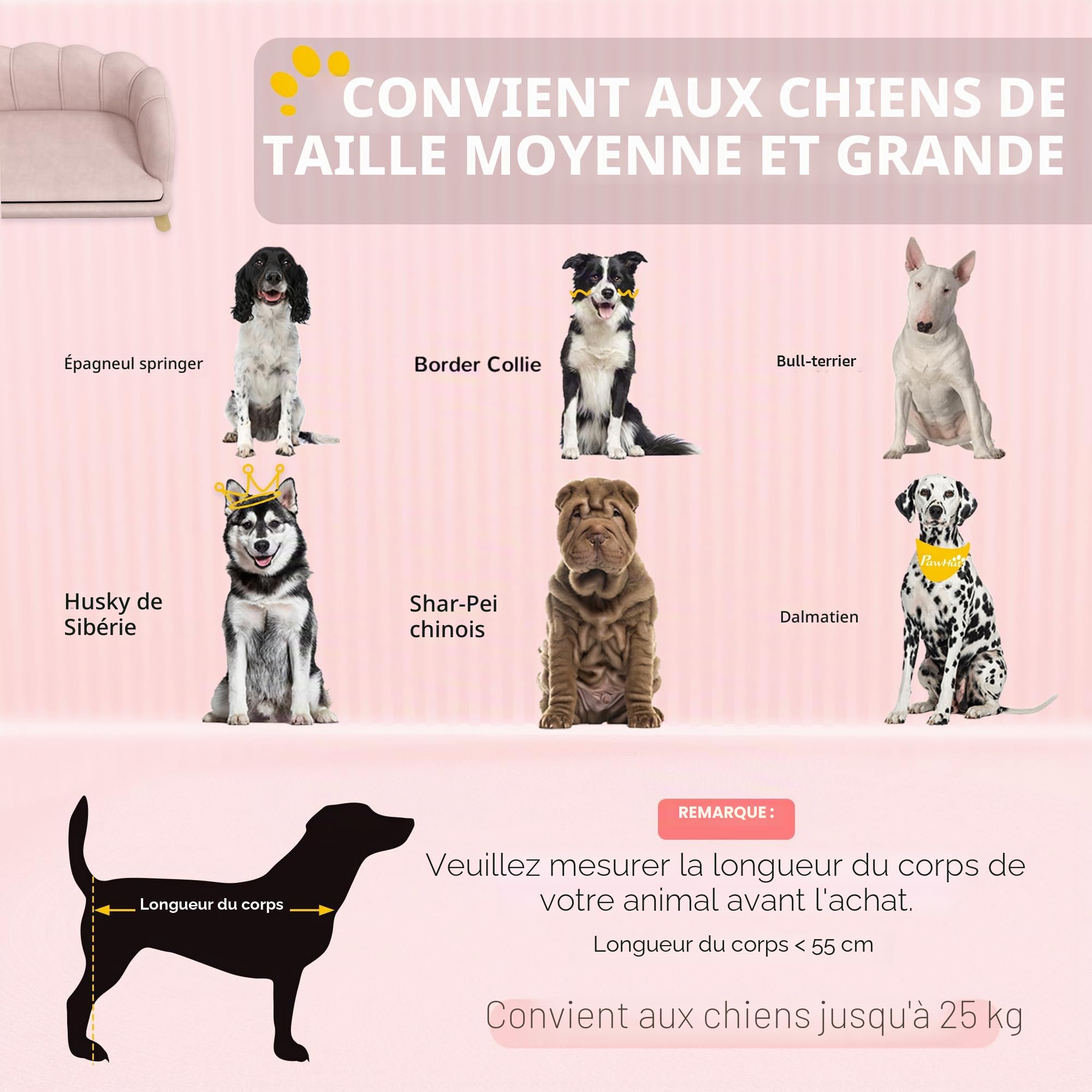 PawHut Canapé pour Chien Housse Lavable avec Dossier et Pieds en Bois, pour Chiens de Taille Moyenne Moins de 25 kg, Rose