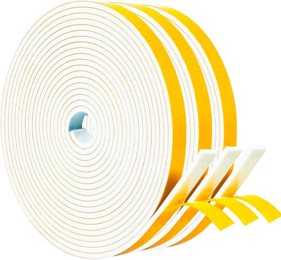 Yotache Weather Stripping Door Seal Strip White 3/8" x1/8", 50Ft Total, Foam Insulation Tape Gasket for Door Frame and Windows, 3 Rolls x 16.5Ft