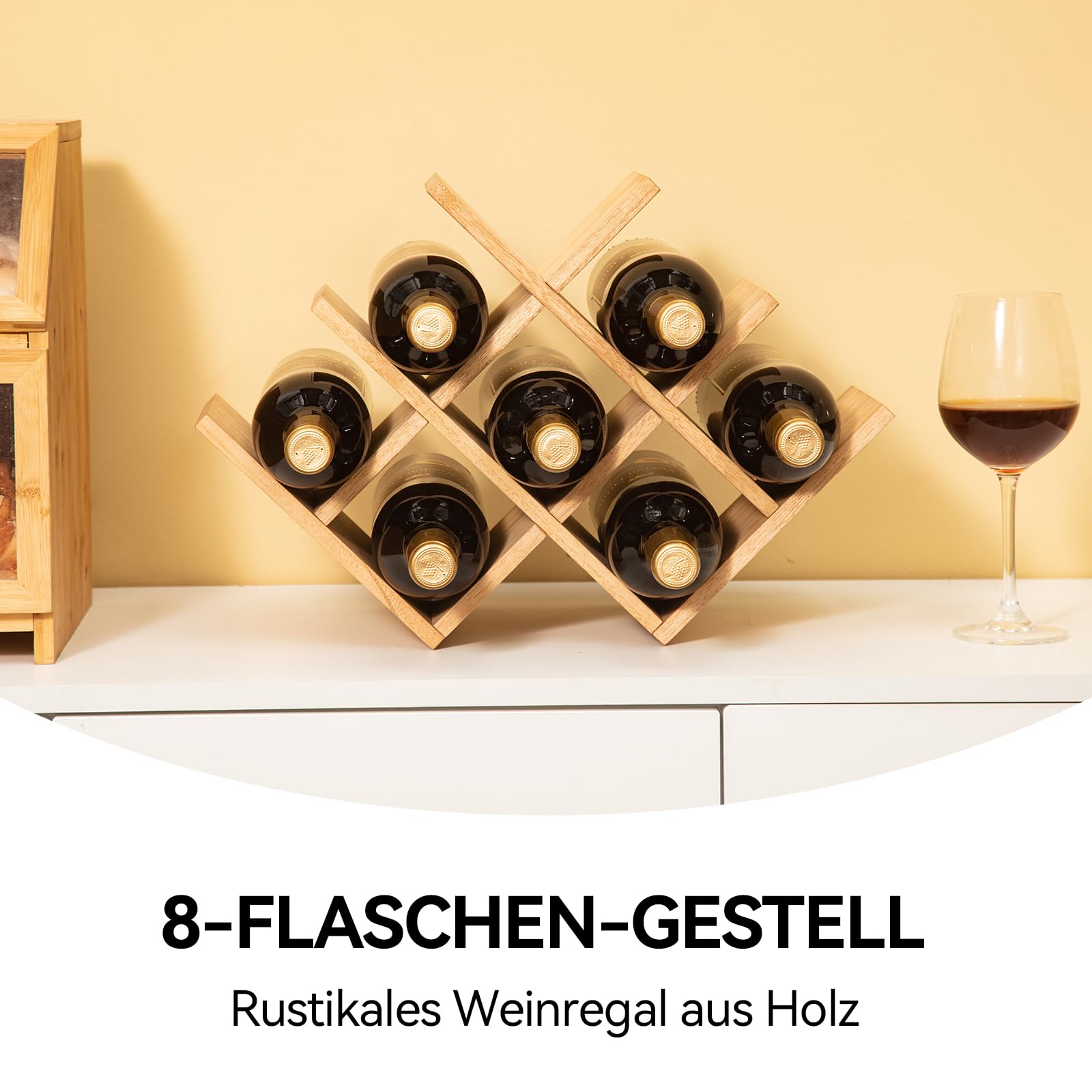 KIRIGEN hölzernes 8-Flaschen-Weinregal, 3-stufiges Holz-Wein-Displayregal, Stand- und Theken-Weinaufbewahrungsregal, Flaschenhalter & Glasregal für Schrank. natürliche Farbe