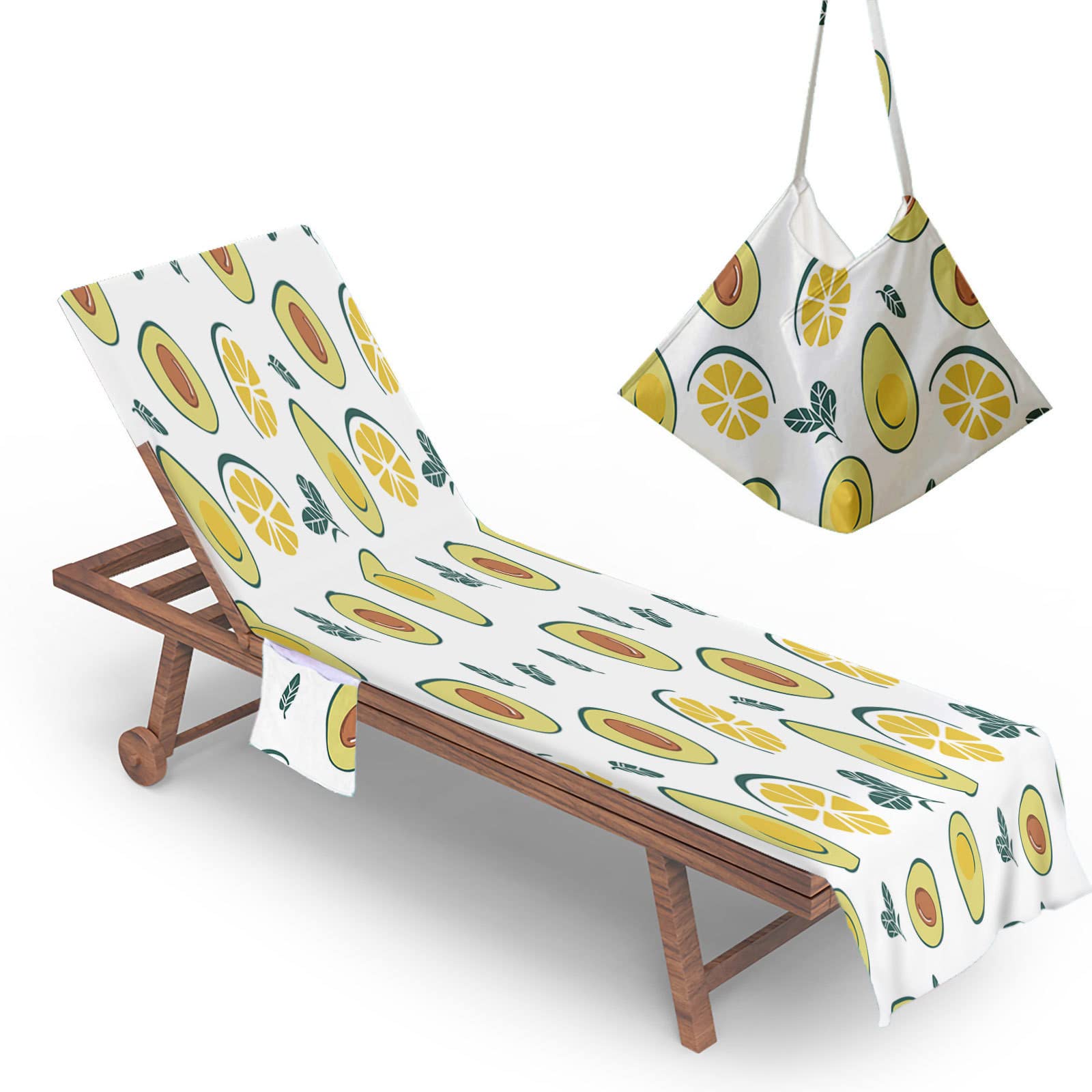 RRrawgff Beach Chair Cover Towel, Avocado Print Beach Towel Lounger Bags with Pockets Sunbed Towels Fitted Microfiber Sun Lounger Towels for Summer Outdoor Garden Pool Vacation (Lemon Slice)