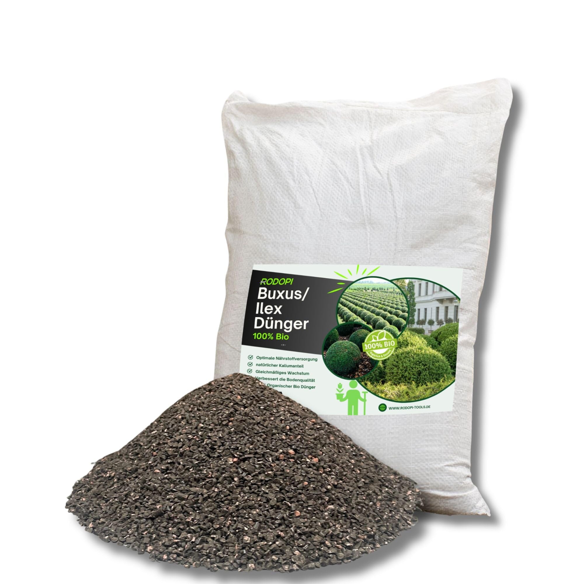 Rodopi Bio-Buxusdünger & Ilexdünger Granulat – 3 Monate Langzeitwirkung – 100% pflanzlich & vegan – Organischer NPK-Dünger 7-3-8 mit Magnesium 20kg