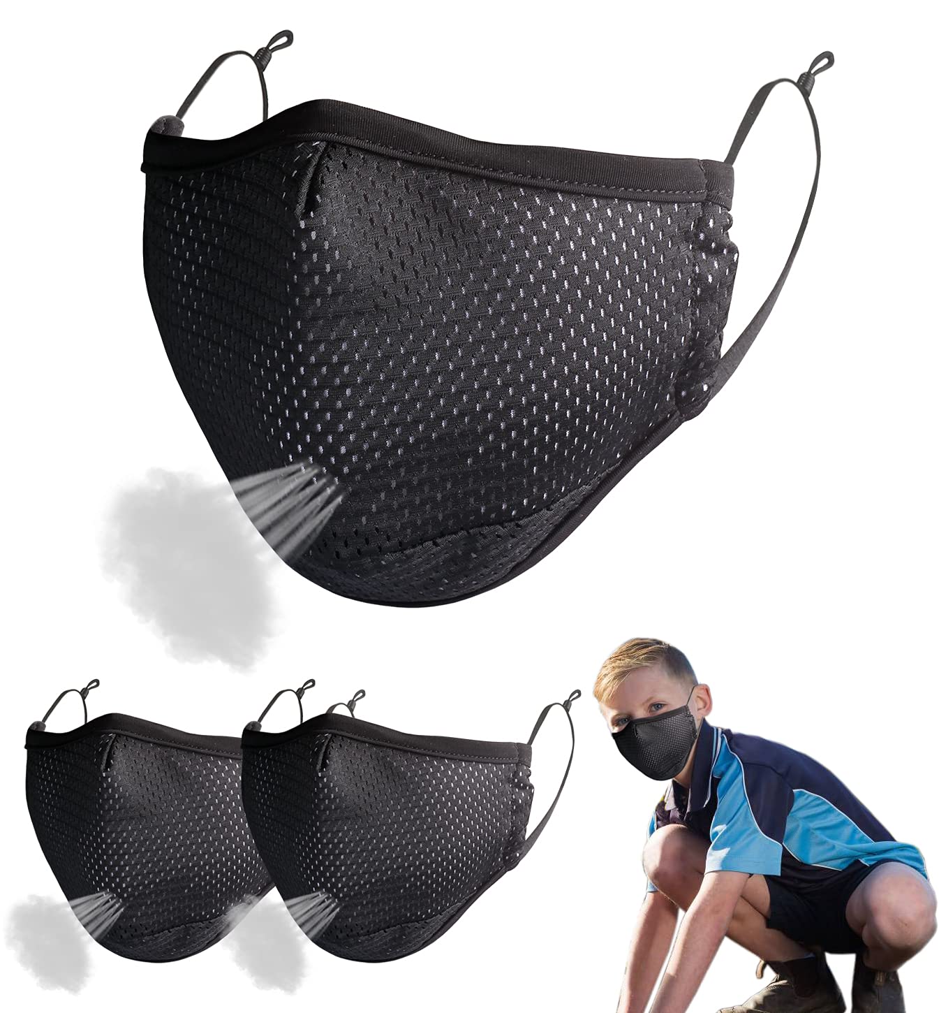 Borgasets Reusable Face Mask for Kids Breathable Comfort Washable School Sports Masks Black 2 Pack