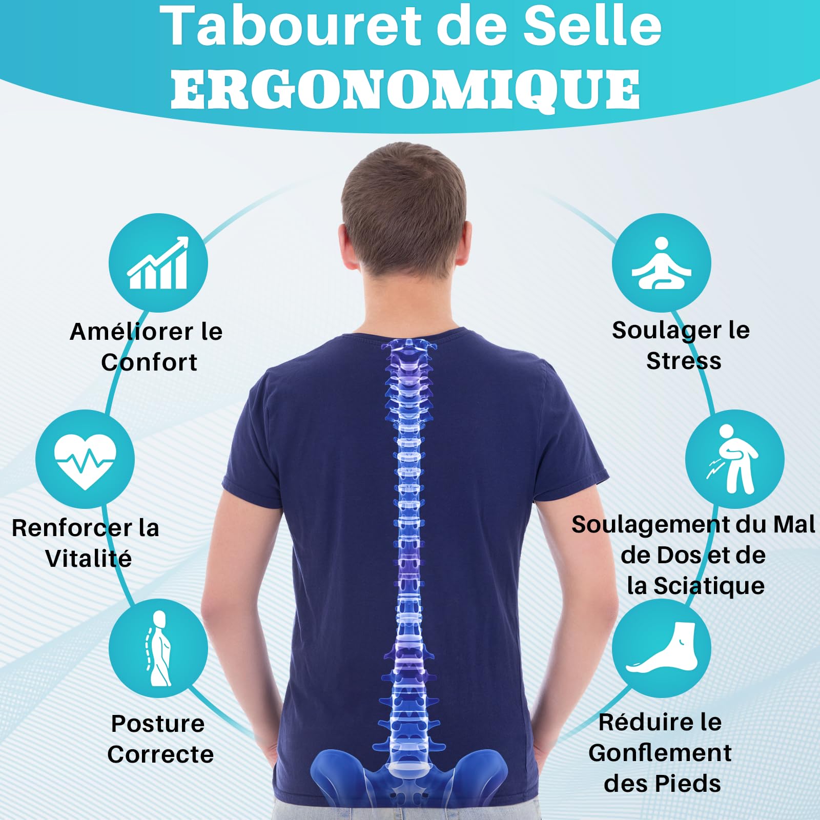 Tabouret de selle de cheval anti-mal de dos, tabouret ergonomique avec roues, tabouret esthétique réglable en hauteur de 46 à 59 cm, tabouret avec roues rembourrées pour dentiste (noir)