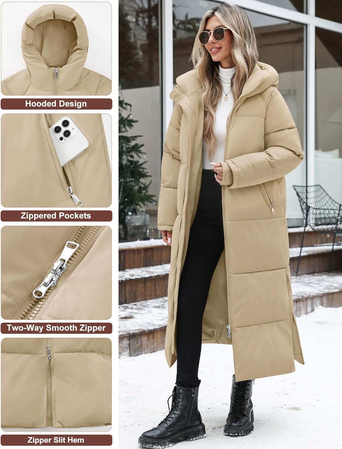 Womens Long Winter Puffer Coat Quilted Jackets Warm Hooded Coat Maxi Length Parka Down Thick Outerwear Side Zip Slit - Image 4