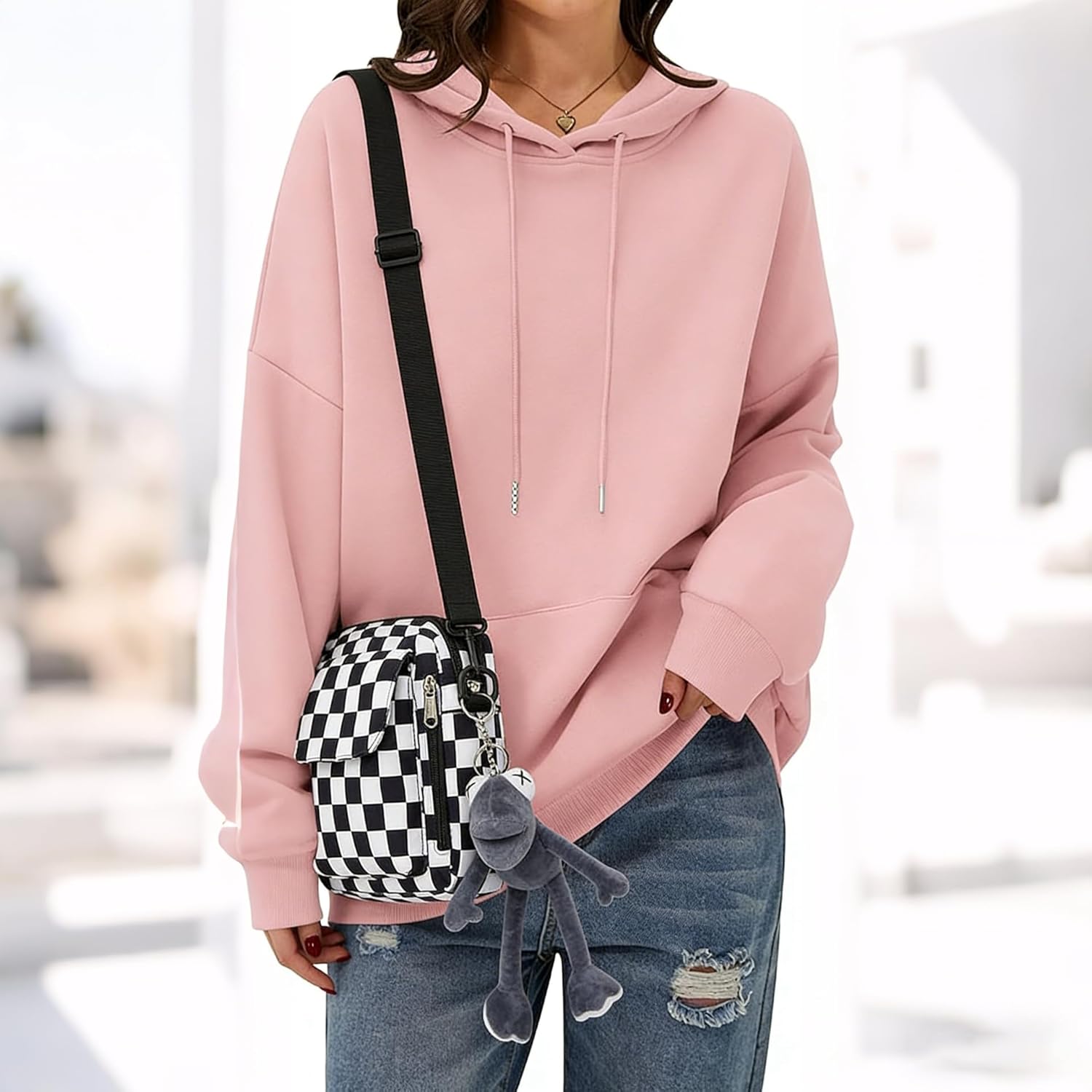 Mini Crossbody Messenger Bag for Women Men, Cute Nylon Shoulder Purse Bag with Detachable Frog Pendant, Checkered - Image 2