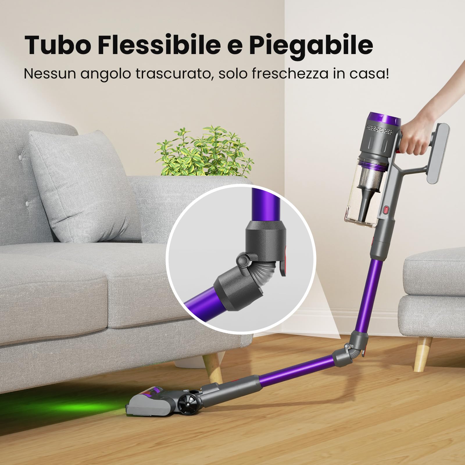 Circlio FURGO Flex V16 Aspirapolvere Senza Fili, 600W/58000Pa/80Min, Scopa Elettrica Senza Fili con Tubo Pieghevole, Tubo Estensibile da 1m, Srotolatore di Peli di Animali, Per Pavimenti/Tappeti