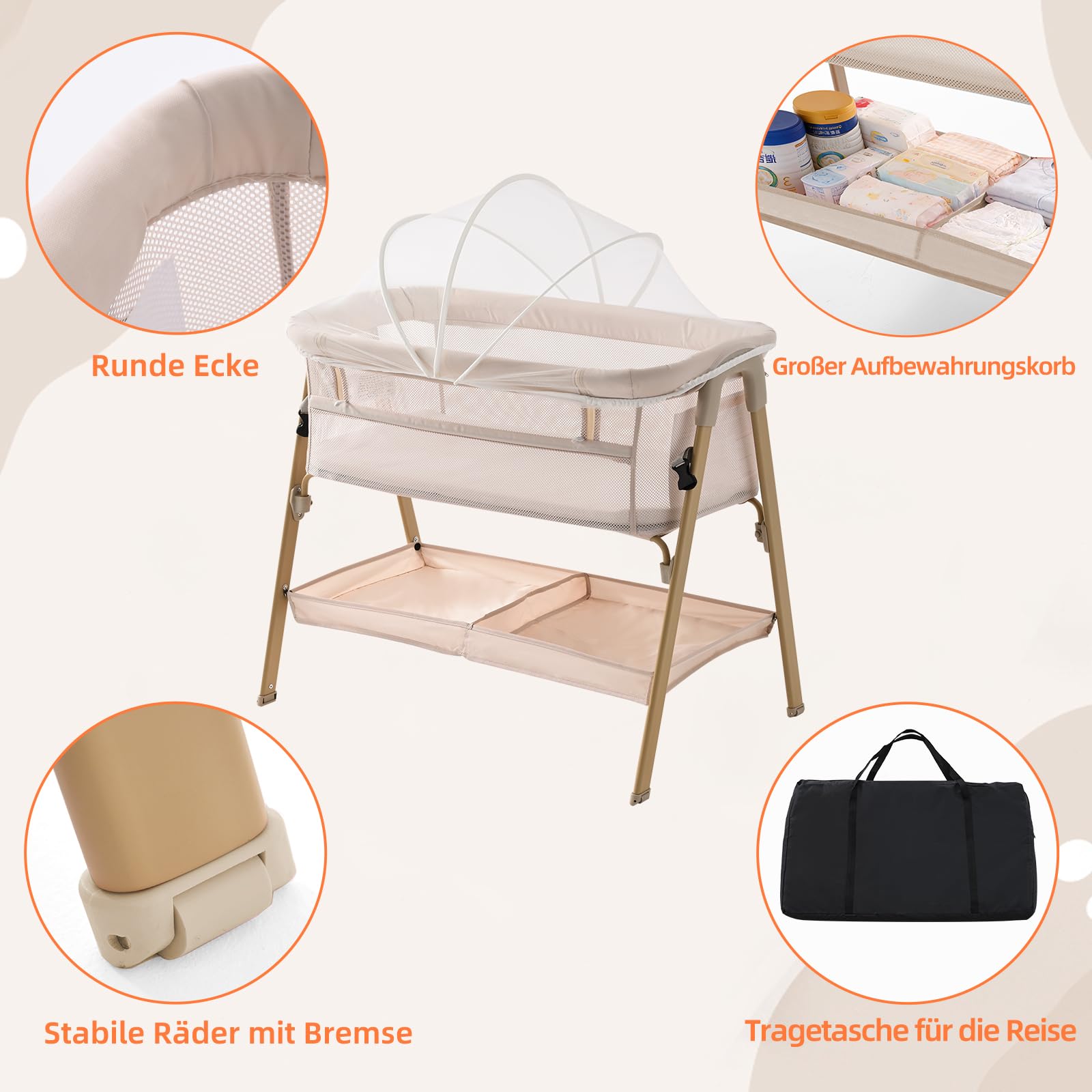 3-in-1-Babybett für Babys von der Geburt bis 9 kg, tragbares Kinderbett, Reisebett, Baby-Kinderbett, Nachttisch, Kinderbett für Neugeborene, Beige