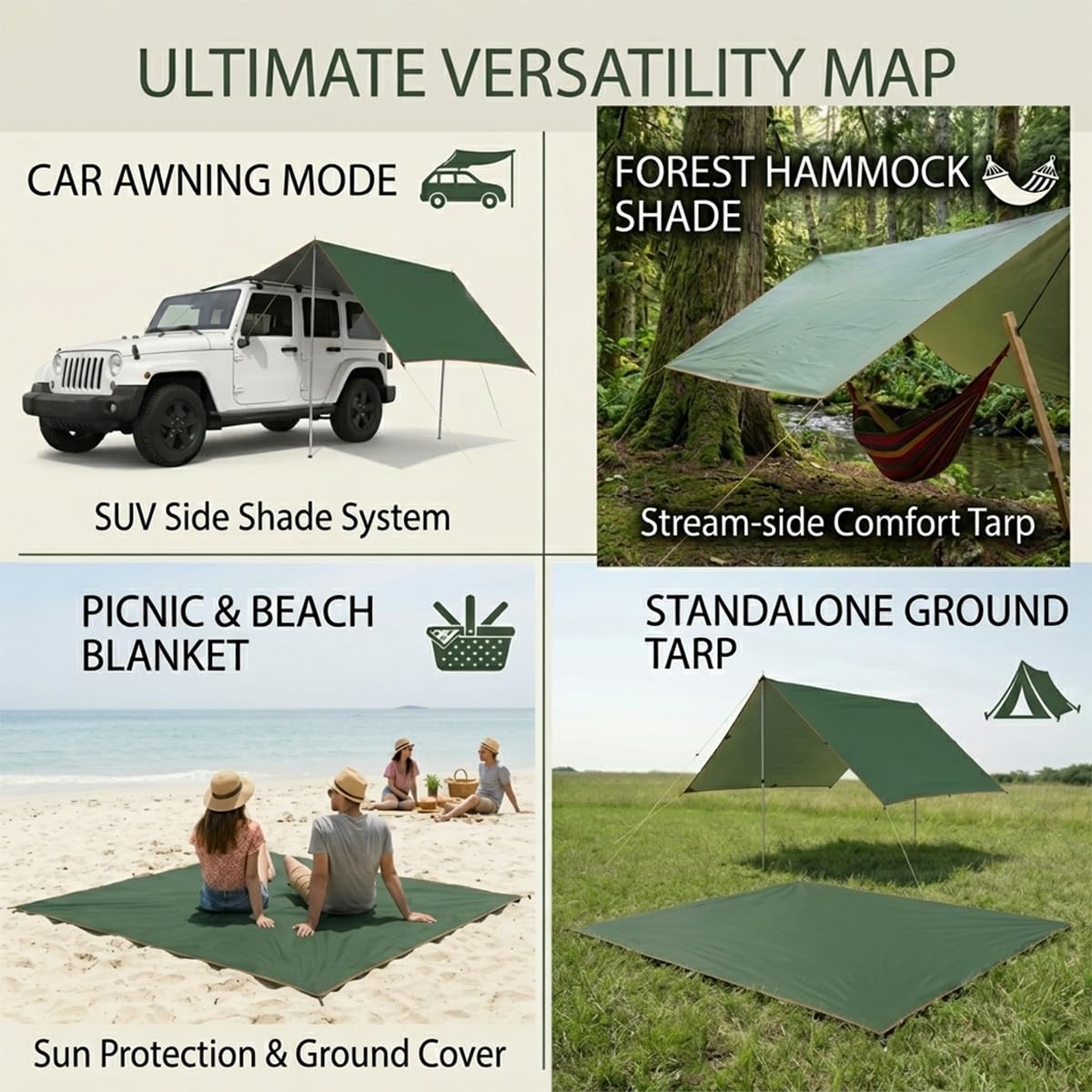 Großes wasserdichtes Camping-Zeltplane mit Aluminium-Markisenstangen, ultraleichter Regenschutz, multifunktionales Bivvy-Zubehör für Angeln, Strand, Wandern, Rucksackreisen, Hängematte