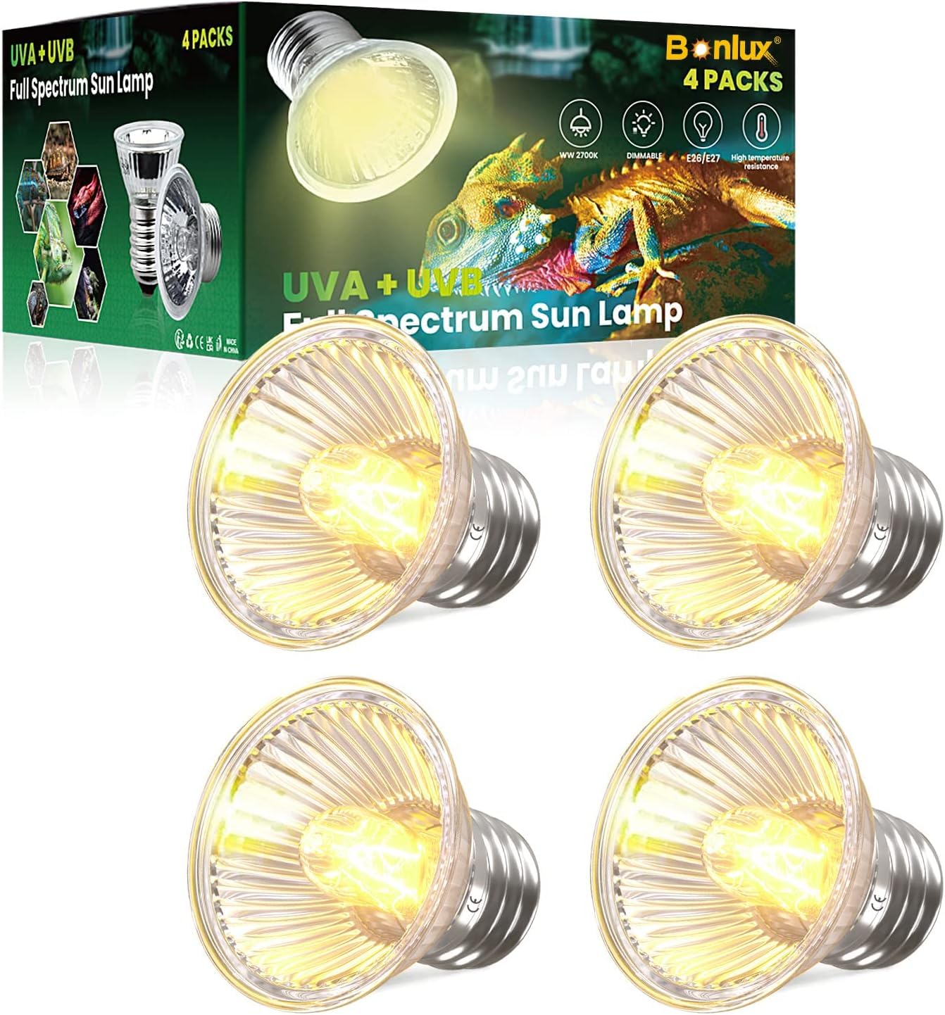 Bonlux 50W E27 Reptile Heat Lamp, UVA+UVB Full Spectrum Sum Lamp Dimmable Sunbathe Heat Light AC220-240V Basking Lamp, for Reptiles, Amphibians, Lizards, Turtle, Snakes(4 Pack, Warm White 2700K)