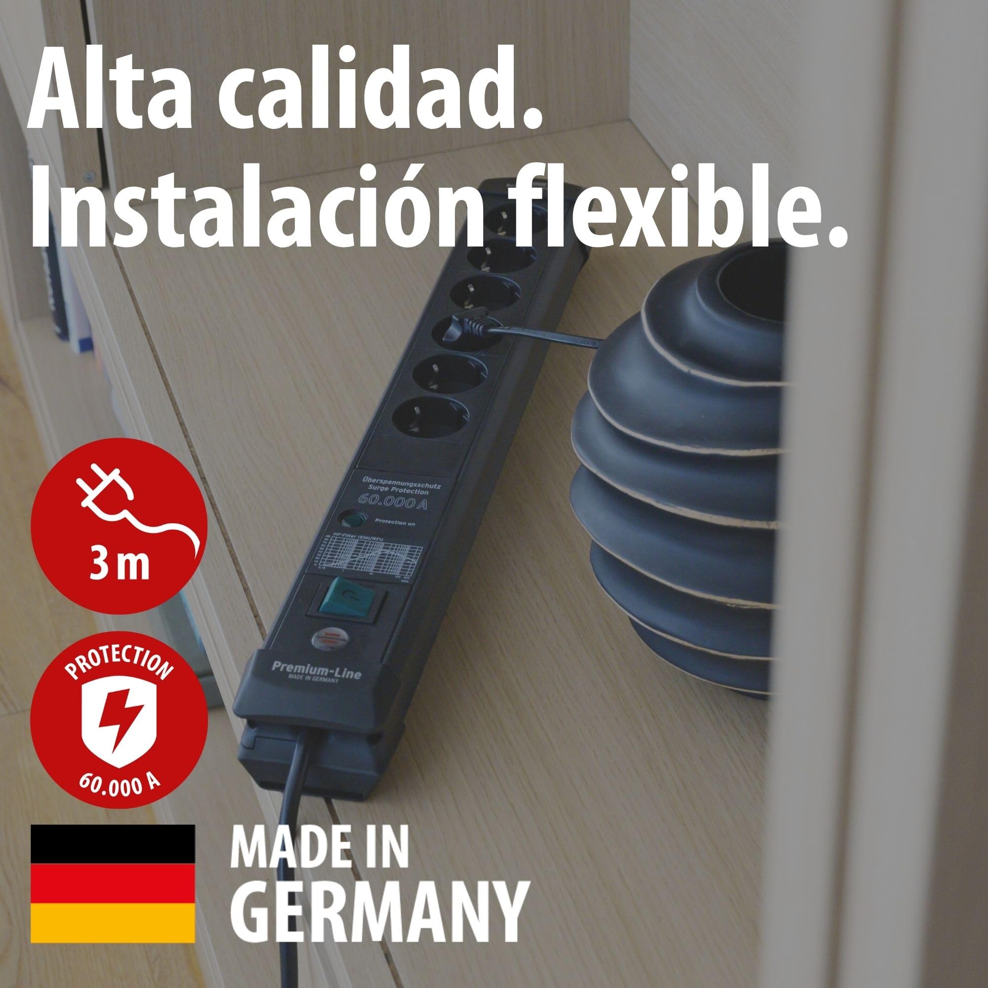 Brennenstuhl Premium-Line regleta enchufes de 6 Tomas con protección contra sobretensiones hasta 60.000 A (Cable de 3 m, Interruptor, montable, Fabricado en Alemania) Negro