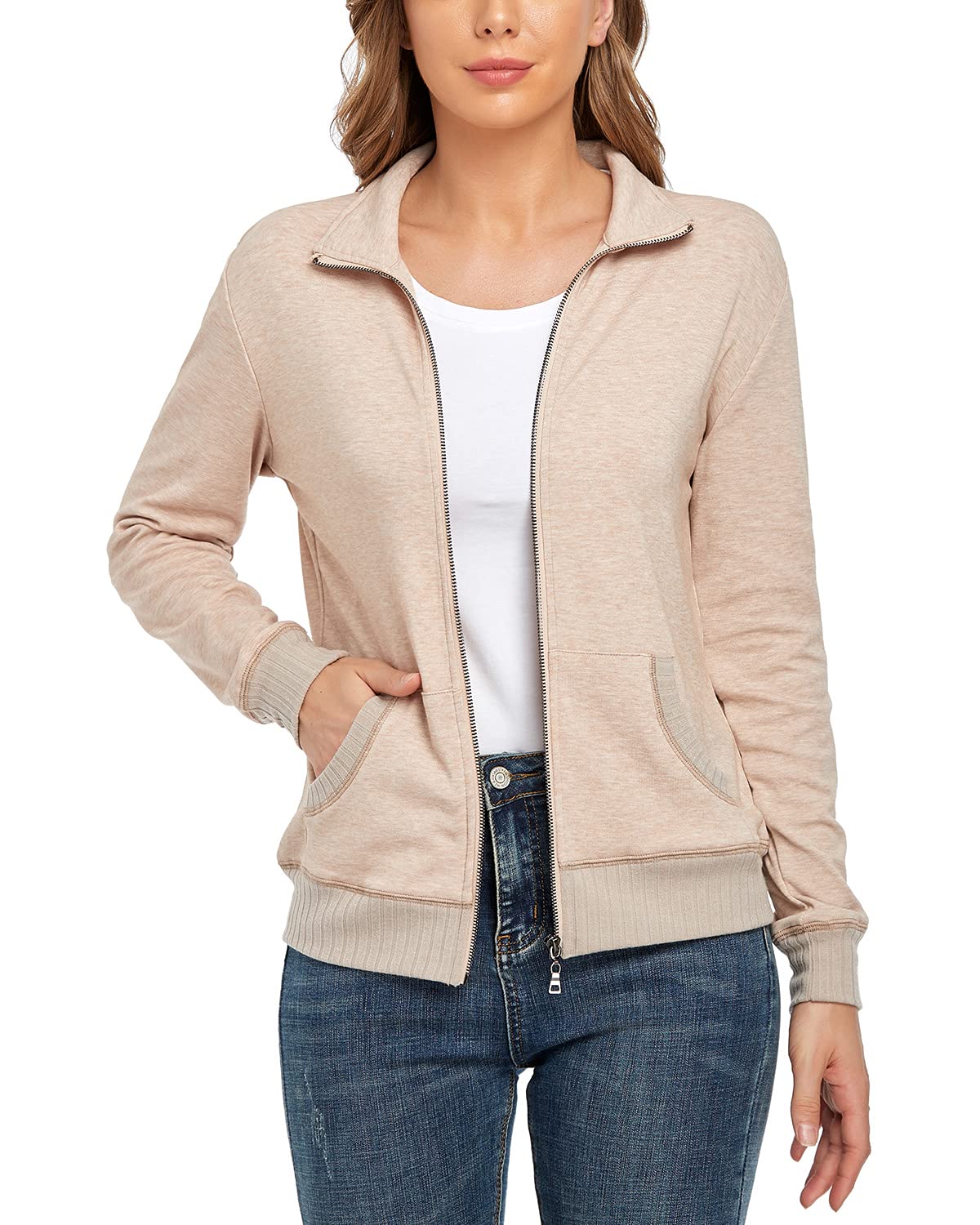 andy & natalie Women's Stand Collar Zip up Long Sleeve Jacket with Pockets Running Sweatshirts Jackets