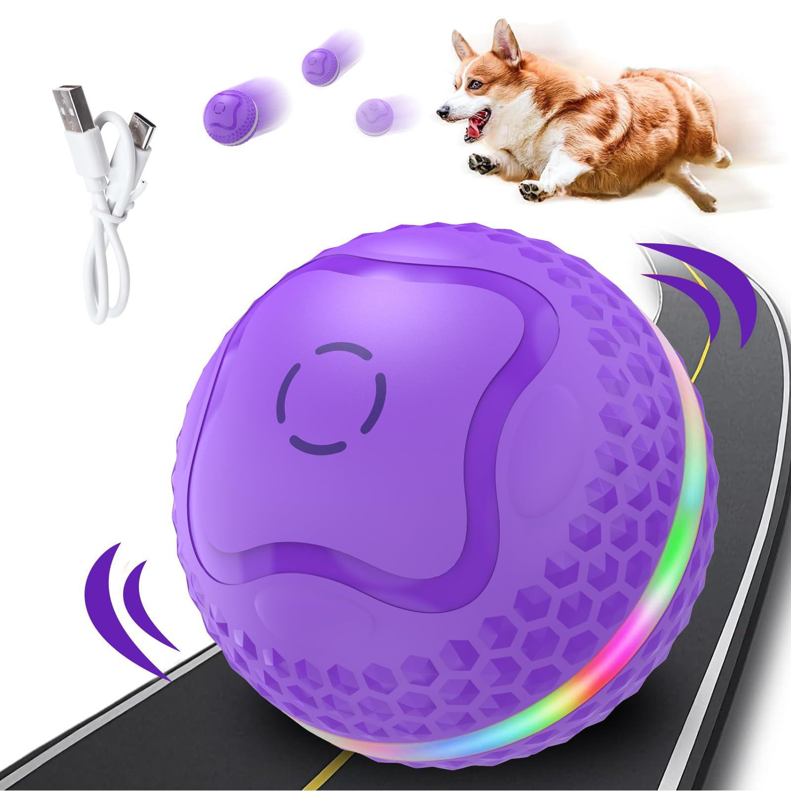 Grandes Pelota Interactiva para Perros, Ø 85 mm Juguete Automático para Perros con Luz de Flash LED, Ecargable por USB, Duro y Resistente a Las Mordeduras, para Perros Medianos y Grandes (Morado)