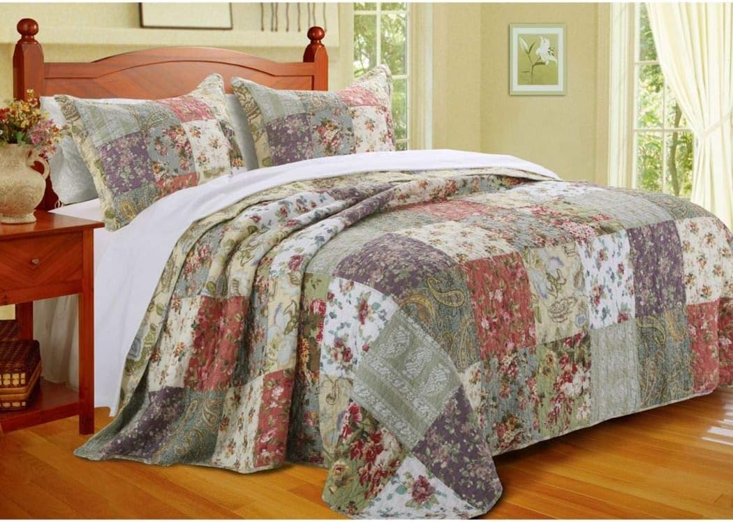 3 Piece Oversized Green Purple Patchwork Bedspread King Set, Quilted French Country Damask Floral Rustic Flowers Pattern Prairie Themed Farmhouse Charm Cottage Oversize to The Floor Checked, Cotton