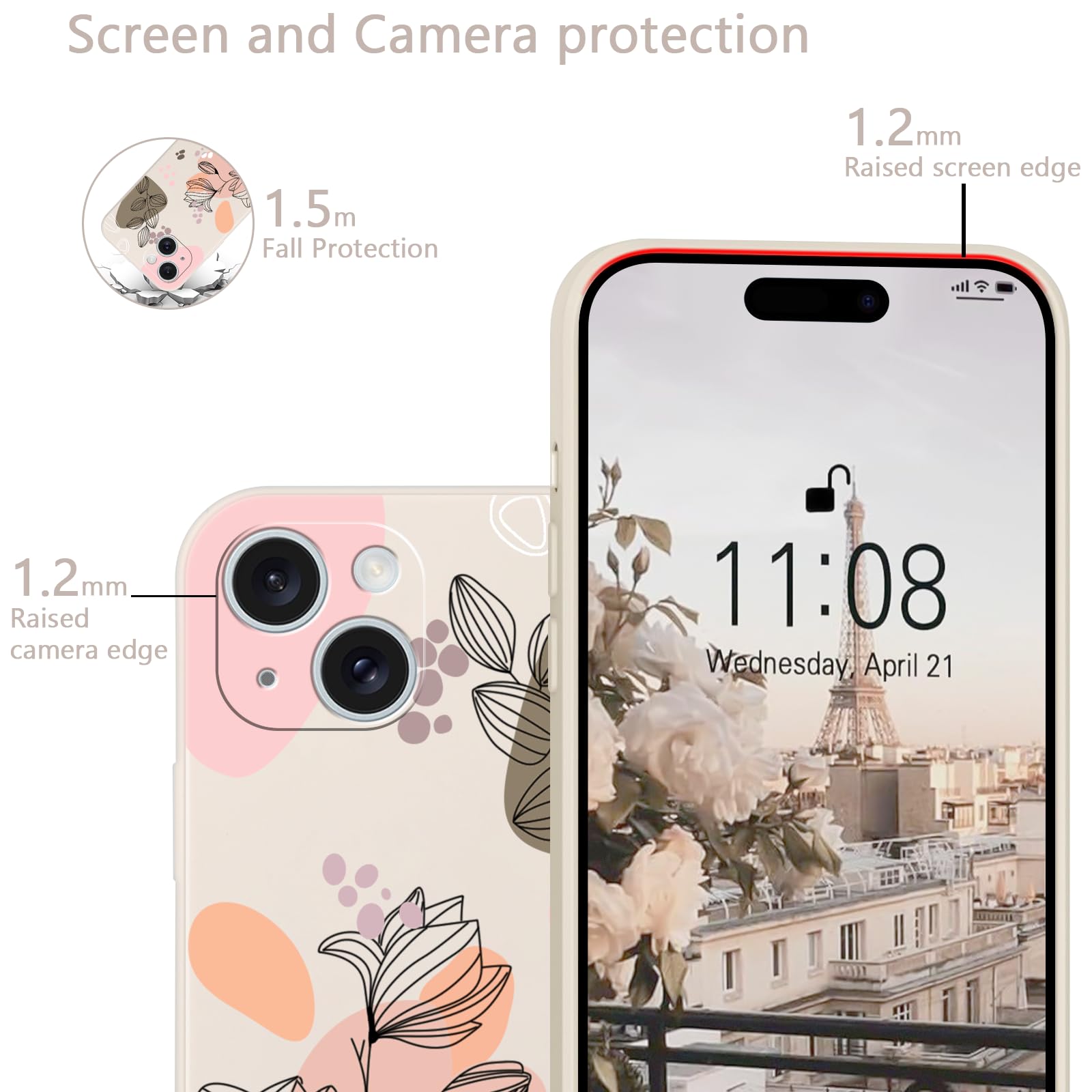 Pnakqil 2 Pièces Coque Pour Apple IPhone 15 6.1", Etui Avec Amusante Fleur Feuilles Latéral Mignon Dessin Case Souple Silicone Housse Téléphone En Souple Fille Beau Aesthetic Cover