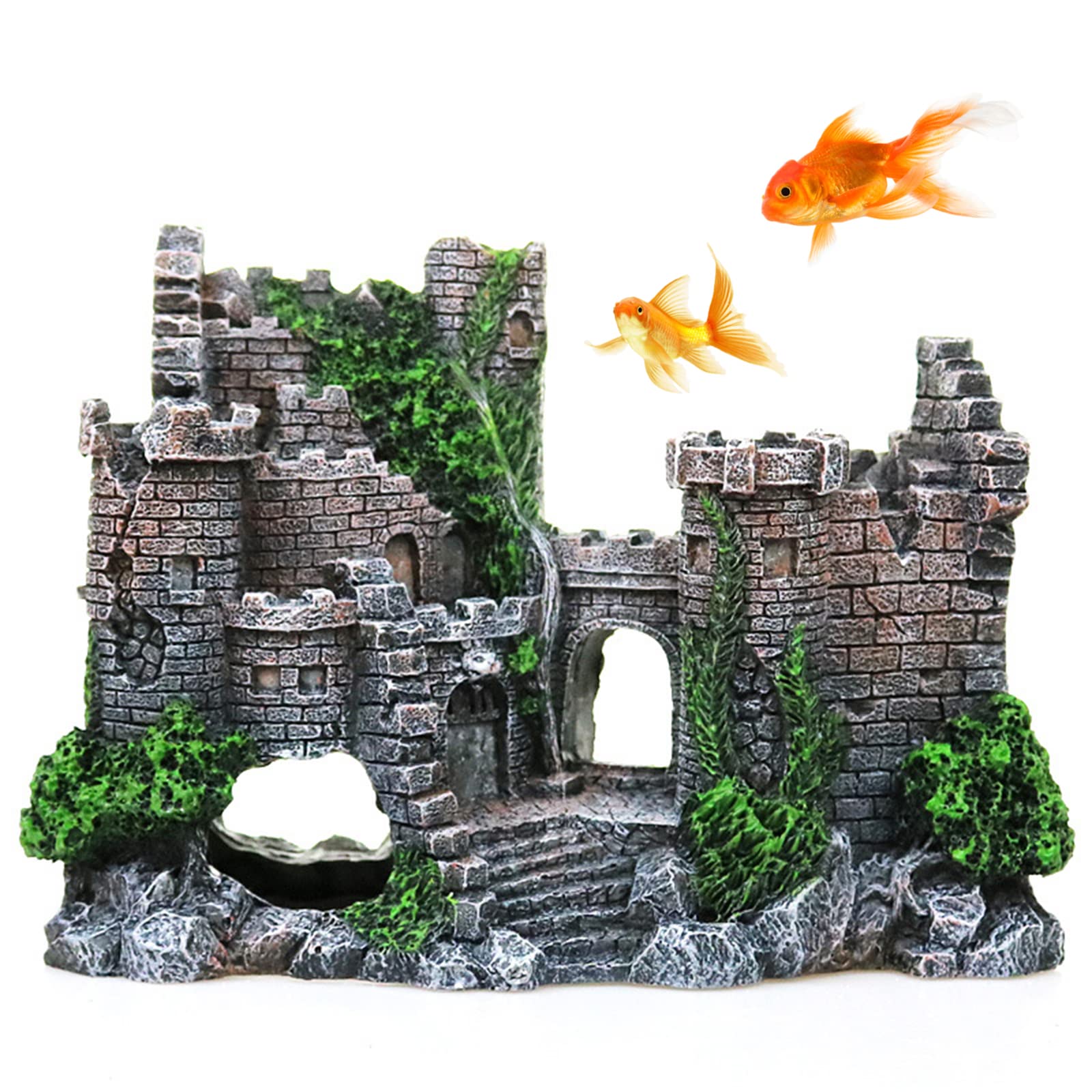 ANTOLE Fish Tank Decorations Castle,Aquarium Decorations Resin Ornaments Fish Hideouts Stone Cave Hide House,Breed Tank Decor for Betta Shrimp Turtle