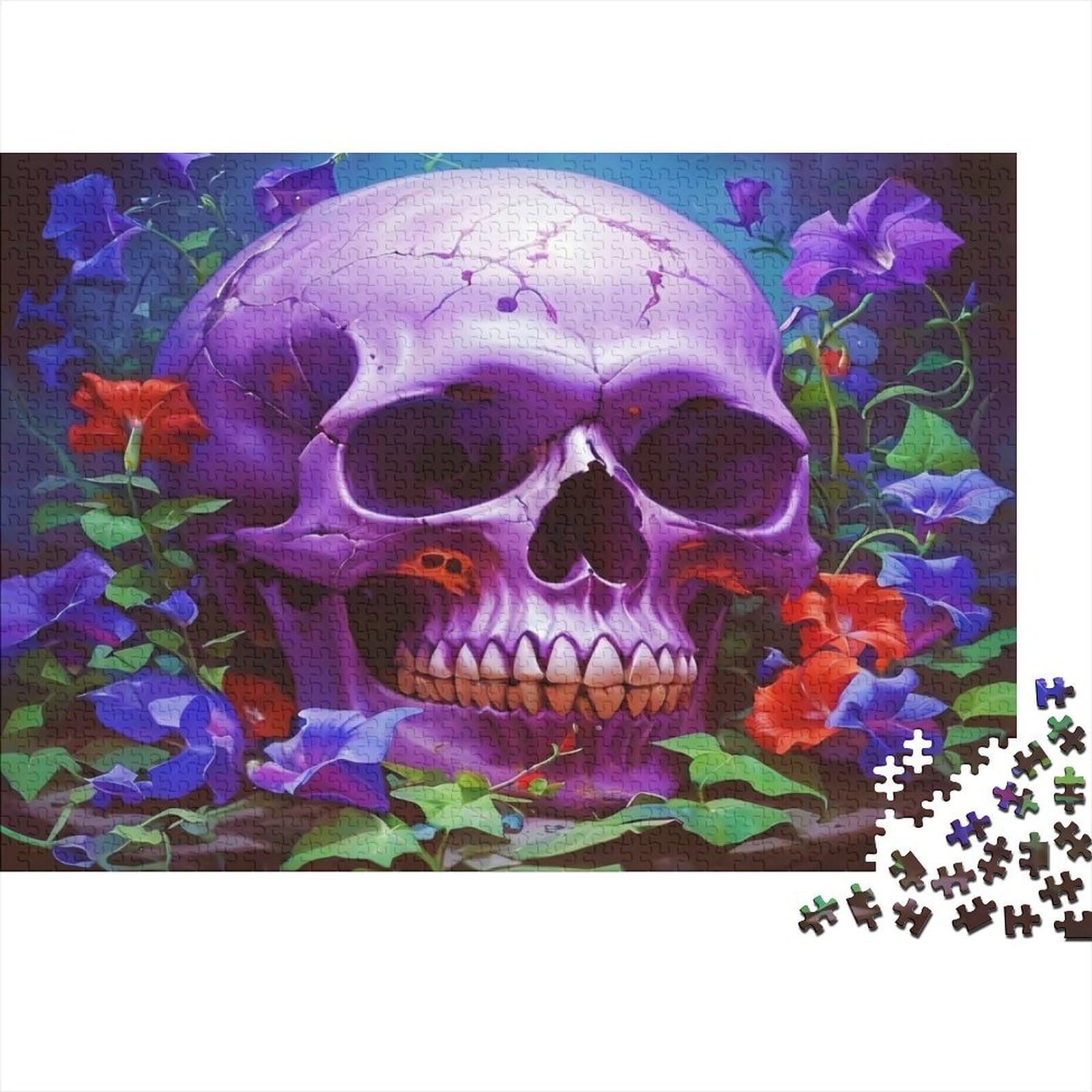 Purple Skull 1000 Piece Jigsaw Puzzle Paper for Adults Floral Art Style Relaxing Stress Relief Focus Home Decor 70x50cm/1000pcs