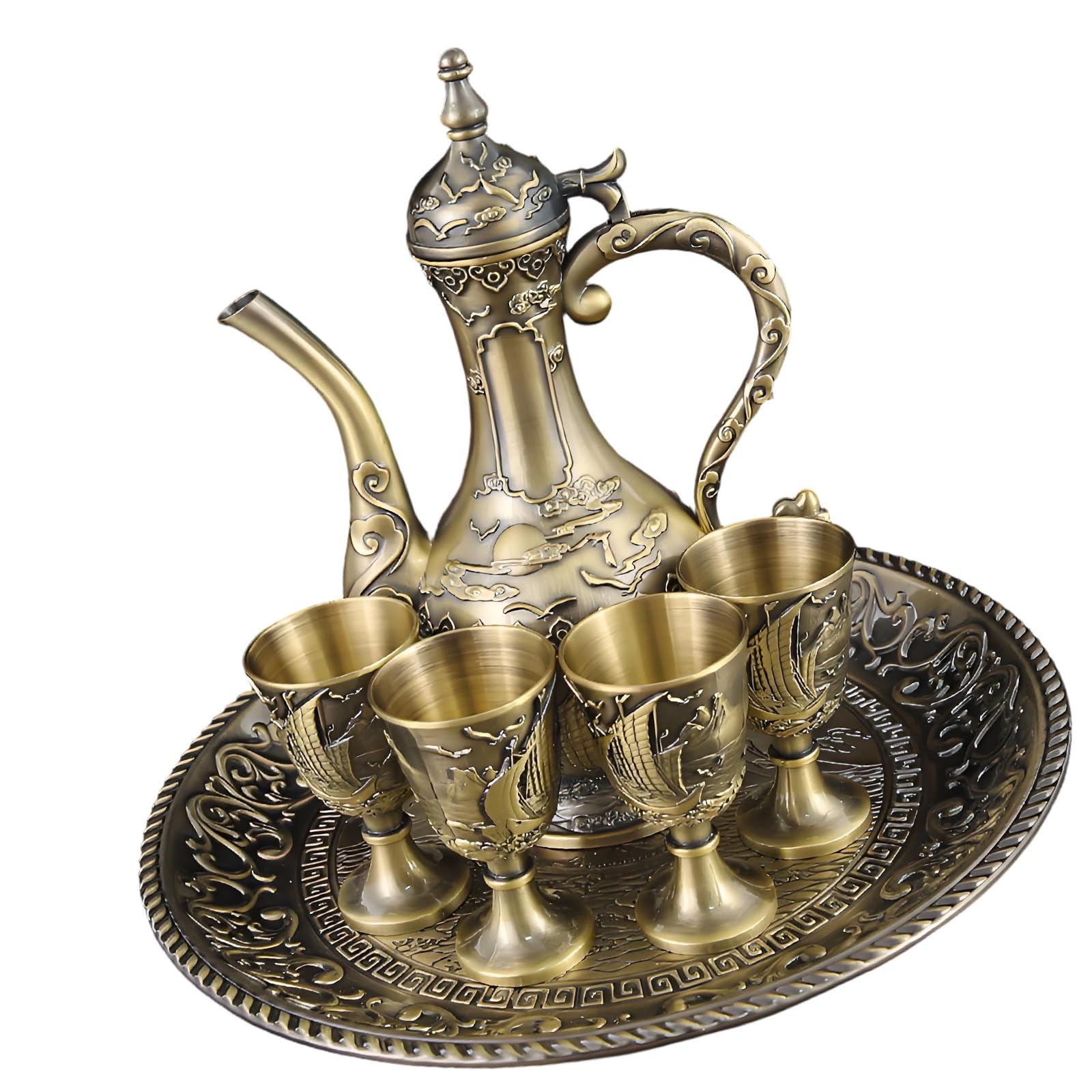 Shntig A Ornate Zinc Lloy Wine Pots Nd Glasses Goblet Cups, Vintage Engraved Metal Serving Vessel For Home Entertaining Display Nd Banquet Decor Ceremonial Drinkware Pitcher Ornate Wine Pots Vintage Home