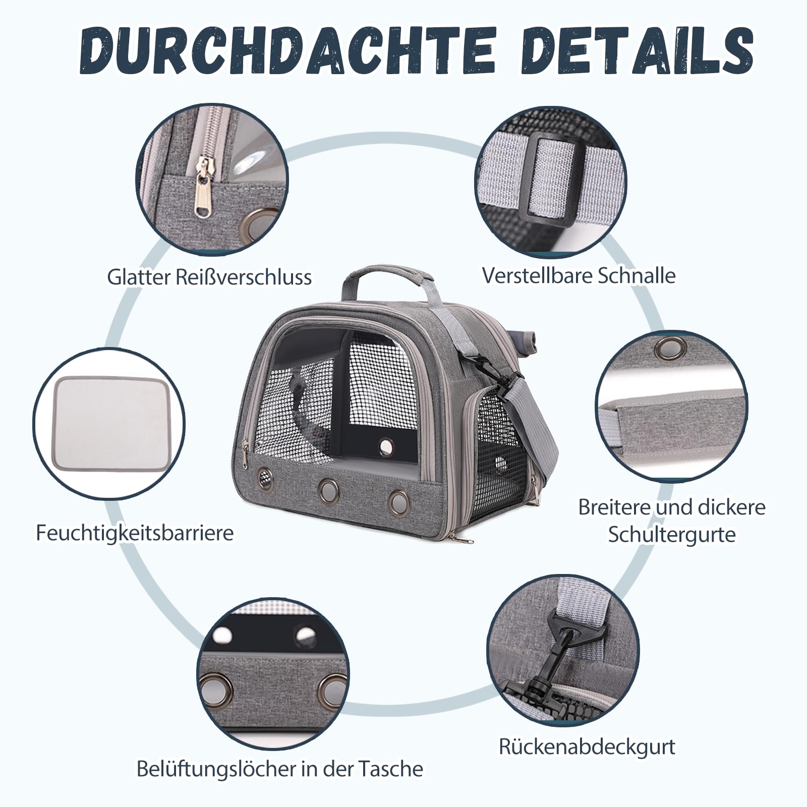 Transportbox Katze, Elegante Transporttasche für Haustiere, Transportbox Kaninchen, Hamster transportbox, Meerschweinchen-Tragetasche, Faltbar und Atmungsaktiv (Grau)