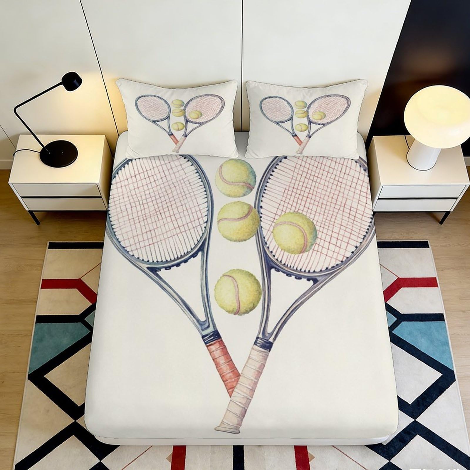 3D Printed Tennis Racket Fitted Sheet Microfiber Soft Anti-Slip Tennis Ball Mattress Cover for Bedroom Dorm Easy Care Decor 90x200x25cm
