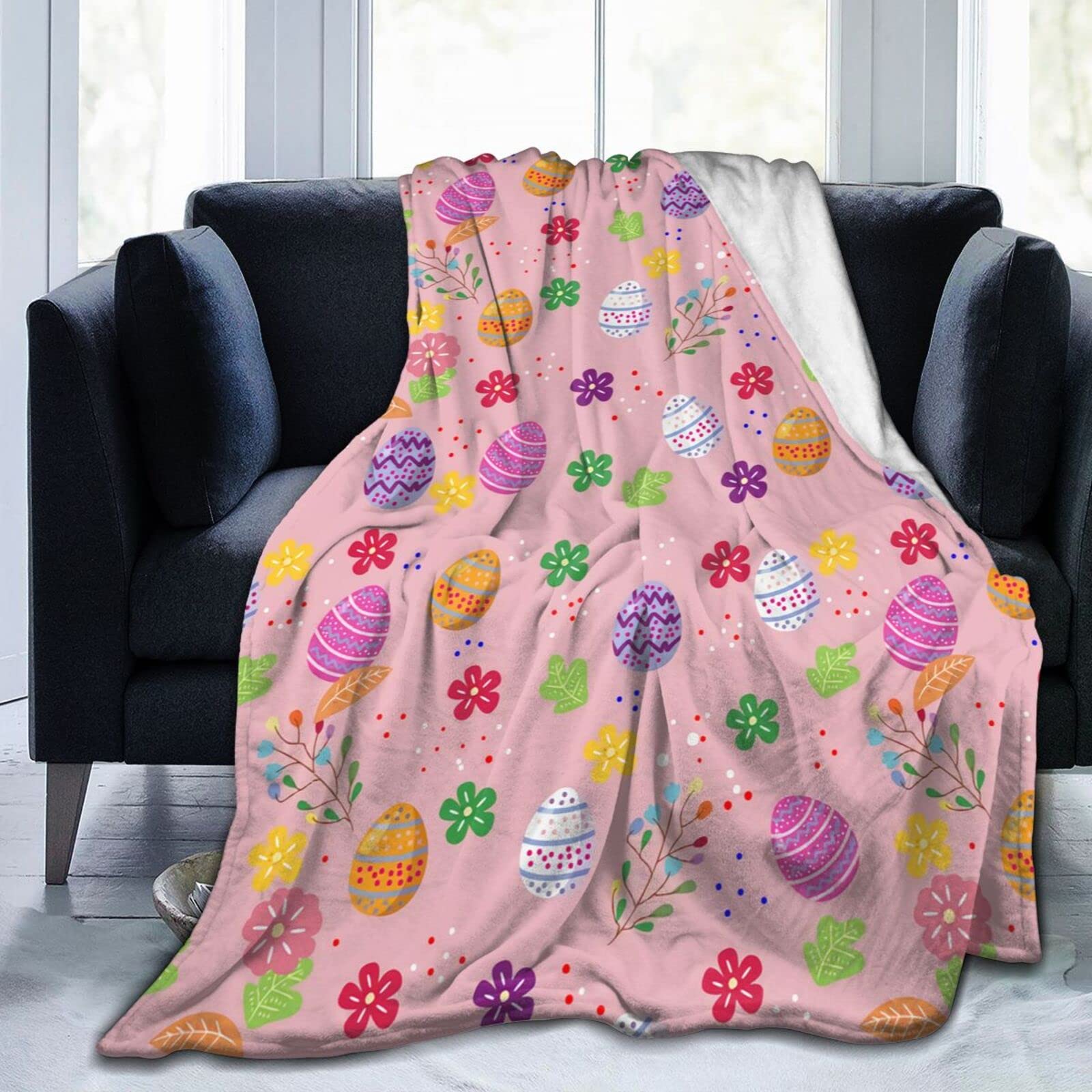 Lsjuee Colorful Easter Eggs Throw Blanket Soft Cozy Lightweight Blankets Easter Gift Flannel Blanket for Sofa Couch Bed Office Holiday Decorative 80"X60"