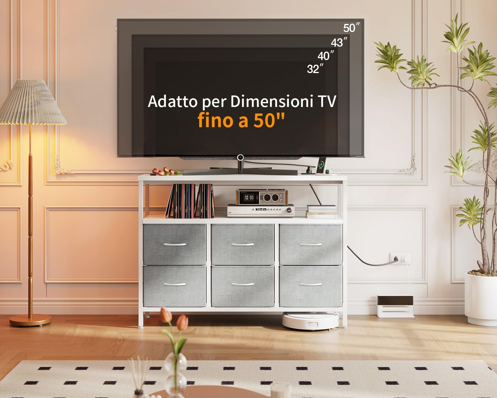 ODK Cassettiera Como Camera da Letto,con 2 Prese e 2 Porte di Ricarica USB,Contiene 6 Cassetti Grandi Cassettiera Cameretta,Comò Camera da Letto Cassettiere e Credenze Per Soggiorno,Bianco