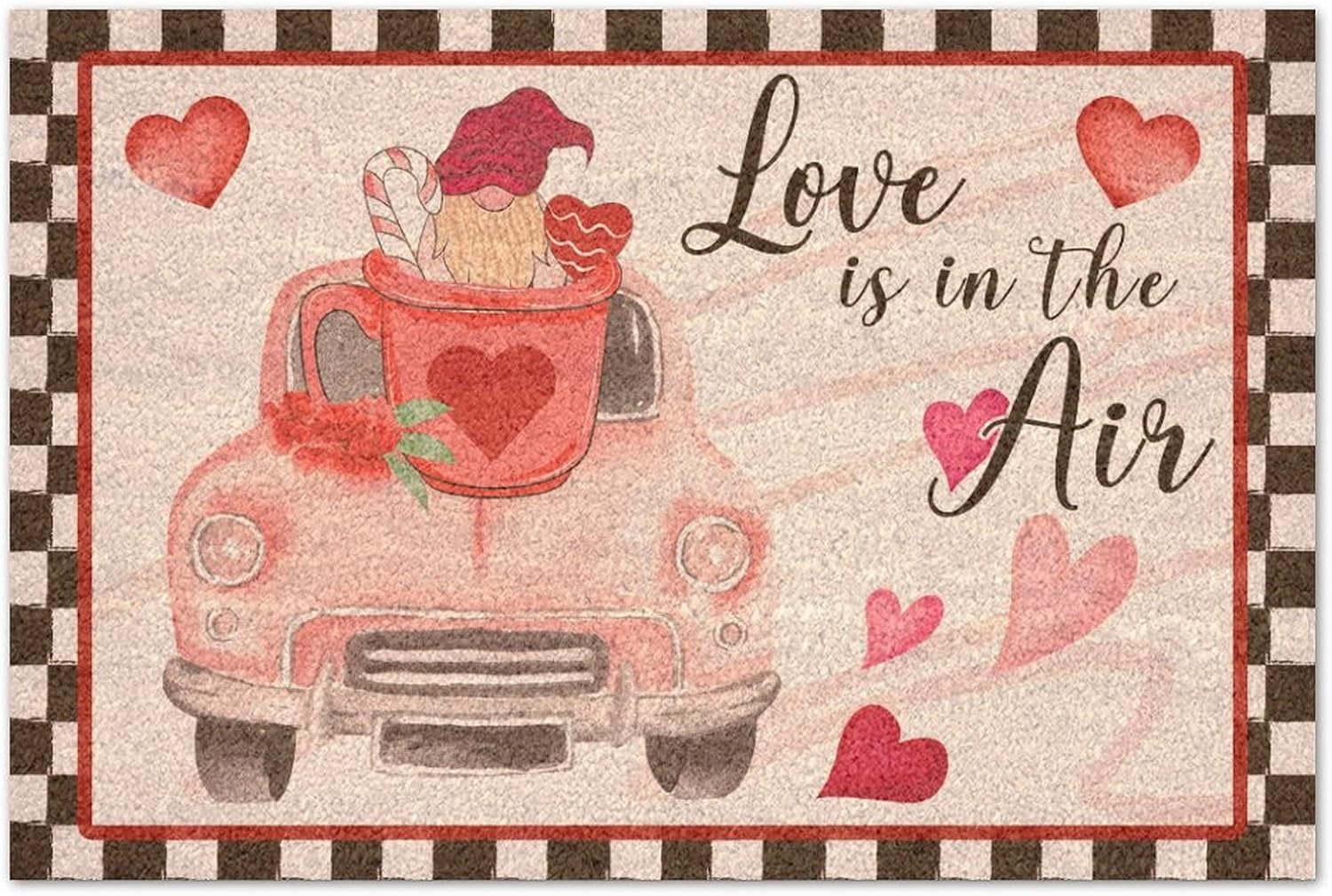 Valentines Day Love is in The Air Coir Mat with Heavy-Duty Small Rugs Standard Welcome Mat Gnome Red Truck Farmhouse Spring Welcome Mat Home Entryway Farmhouse Decor Housewarming Gift 24x36in