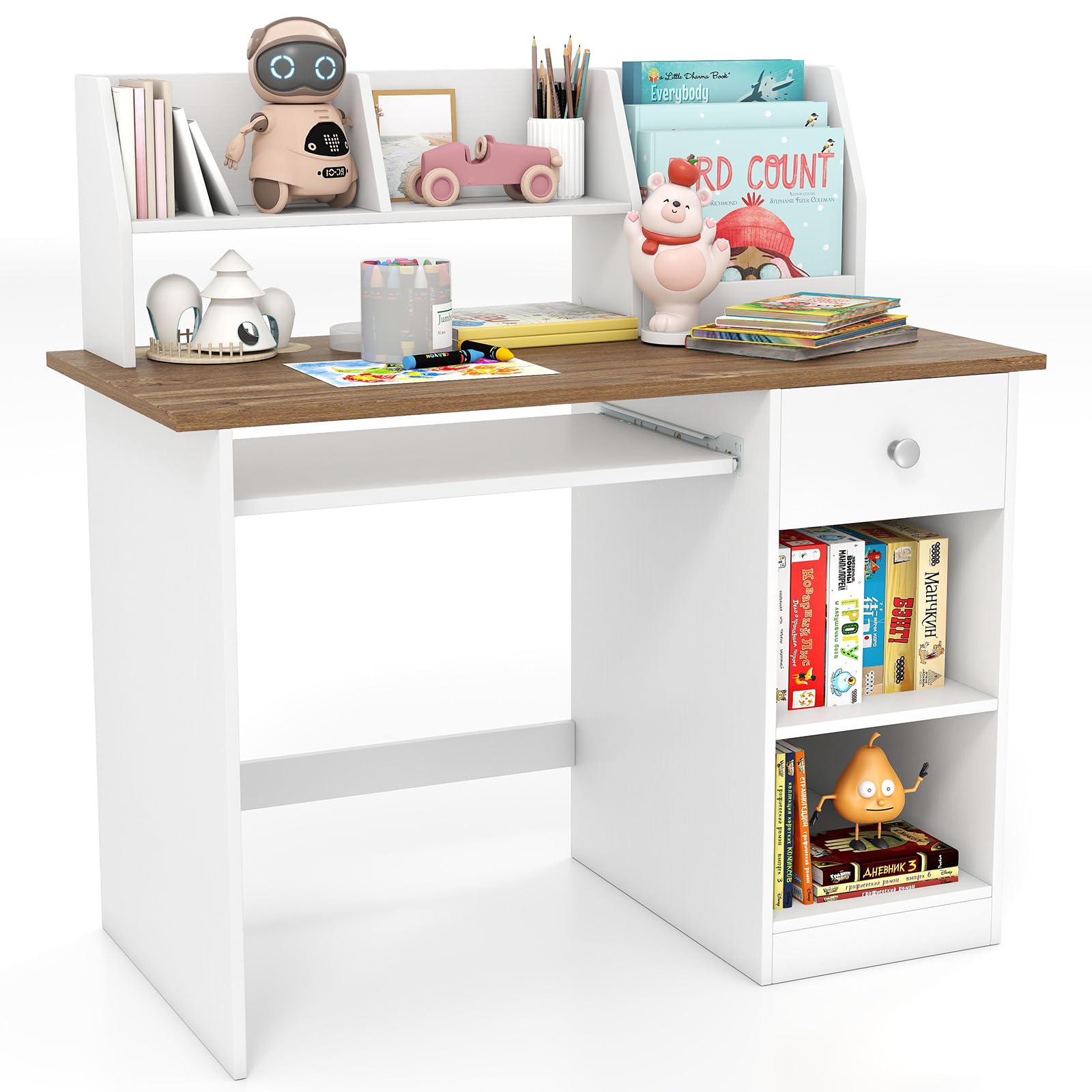 Bureau Enfant 90x45x90CM Bois avec Bibliothèque Tiroir 2 Etagères Plateau Clavier Anti-Bascule Charge 100KG Naturel