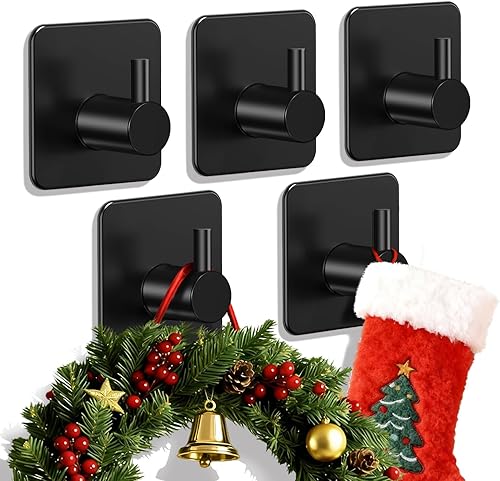 Auxmir Ganchos adhesivos resistentes de 30 libras (máx.), paquete de 5 toalleros autoadhesivos sin daños, acero inoxidable para abrigo, impermeable,