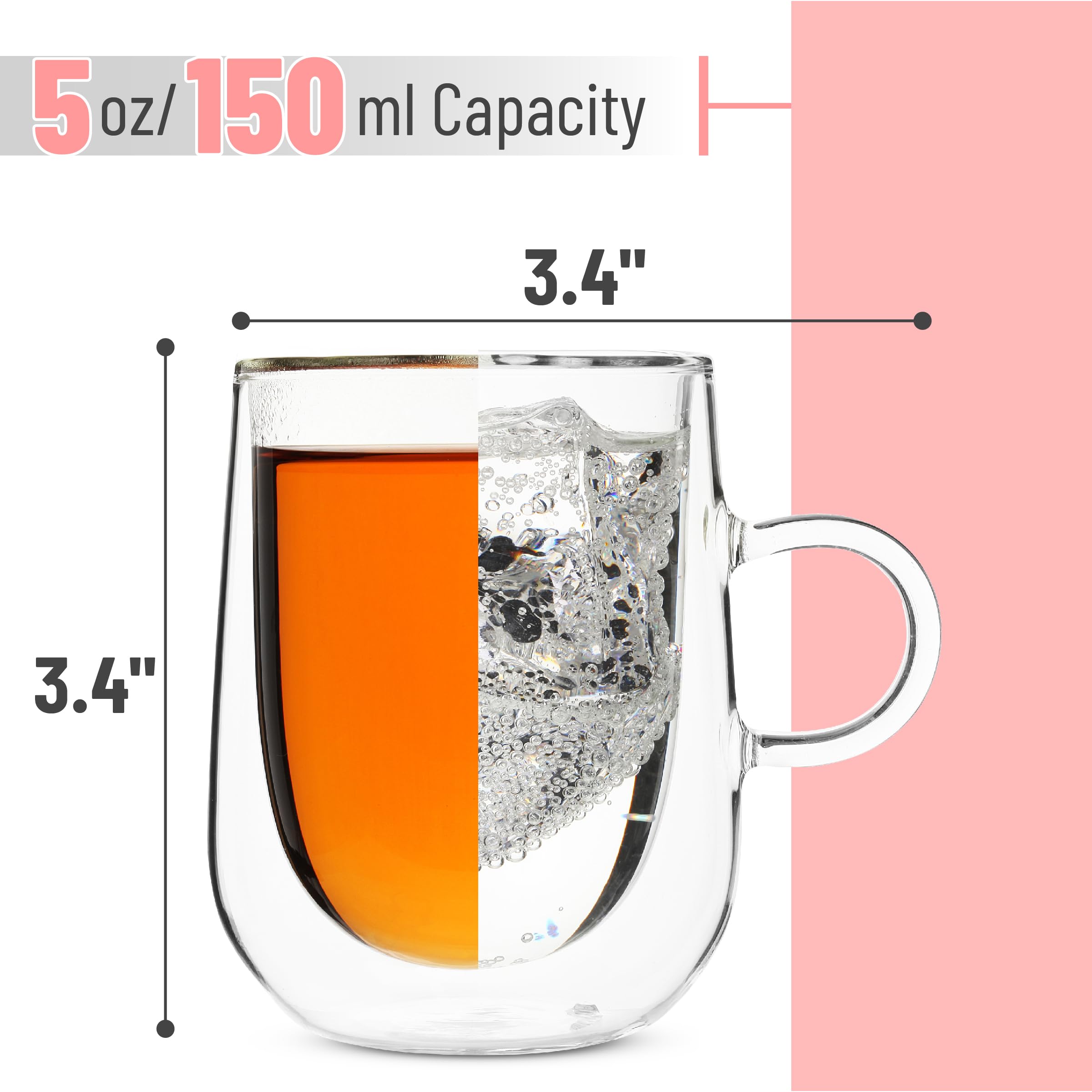 BTaT Szklane kubki do kawy z podwójnymi ściankami, 150 ml, zestaw 4 sztuk, kubki do kawy z podwójnymi ściankami, podwójne izolowane kubki do kawy, przezroczyste kubki do latte, szklane kubki do kawy,