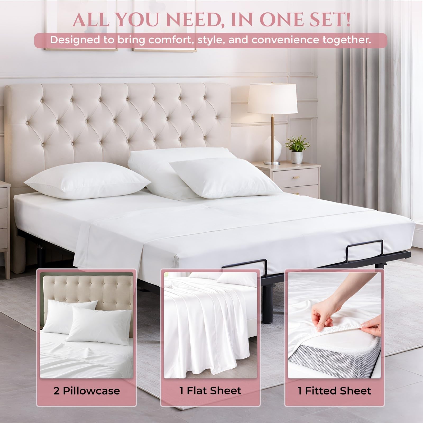 MyGiza Sheets Zestawy prześcieradeł z elastyczną głowicą King do regulowanych łóżek, 100% certyfikowana bawełna Giza Split King 81 cm prześcieradła puchowe pasują do materaca o głębokości 40 cm, białe
