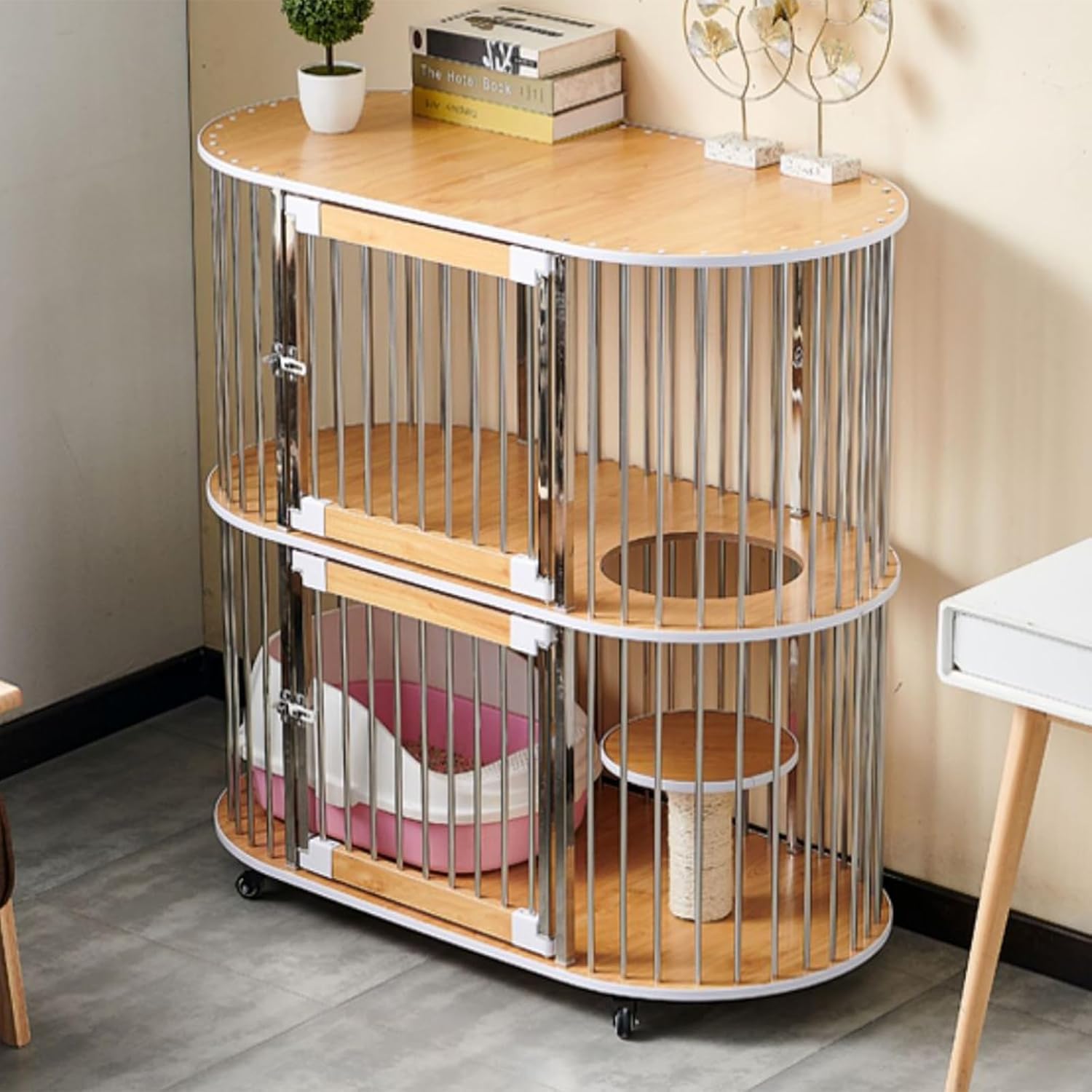 2-Tier Breathable Cat Enclosures Indoor, Wood and Stainless Steel Cage for Cats with Sisal Jump Platform, Double Door(Yellow)