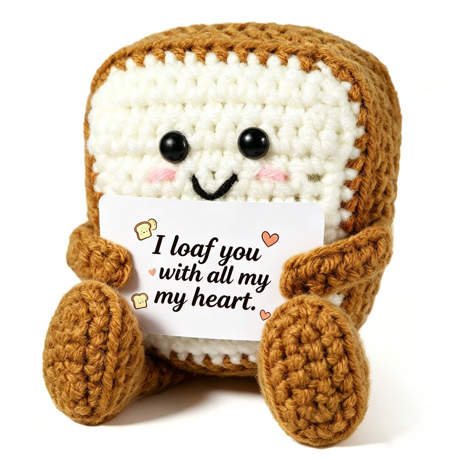 Qpout Handmade Emotional Support Crochet Toast with I Loaf You With All My Heart Pun Card, Adorable Home Decor Ornament, Unique Anniversary & Friendship Presents for Her Him Friends Family
