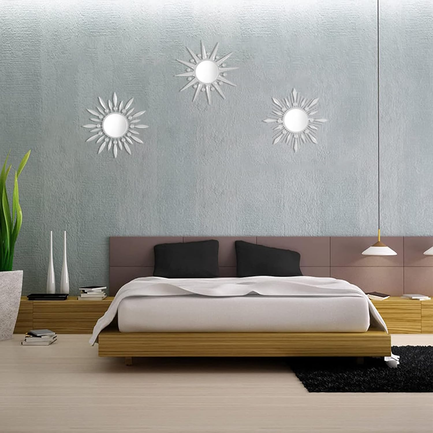 Silver Mirrors Wall Decor, Metal Sunburst Mirror Wall Art Christmas Decorative Mirrors, 9 inch Home Christmas Decoration Rhinestone Small Mirror for Living Room Entryway Set of 3 - Image 6