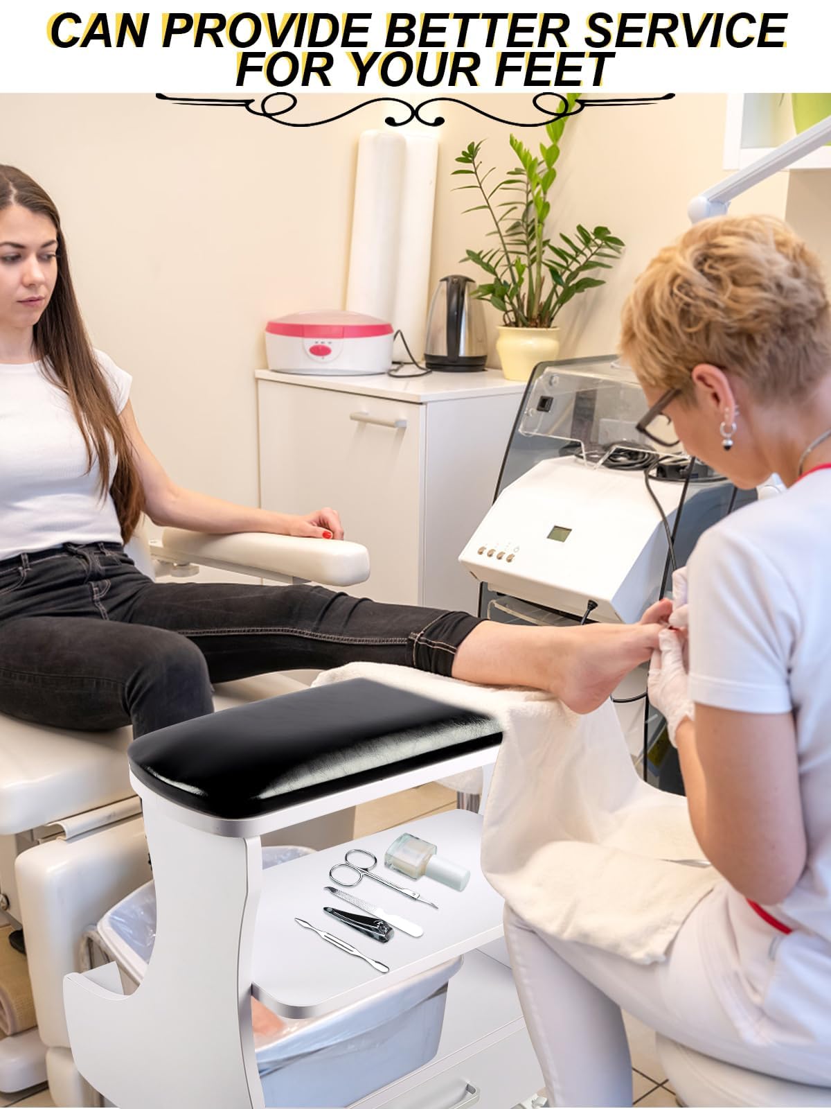 Kalolary Pedicure reposente, reposapiés de manicura con Ruedas PU Cuero para el hogar Belleza de la Belleza del reposapiés del pie de pie para Usar el salón del hogar (Negro Blanco)