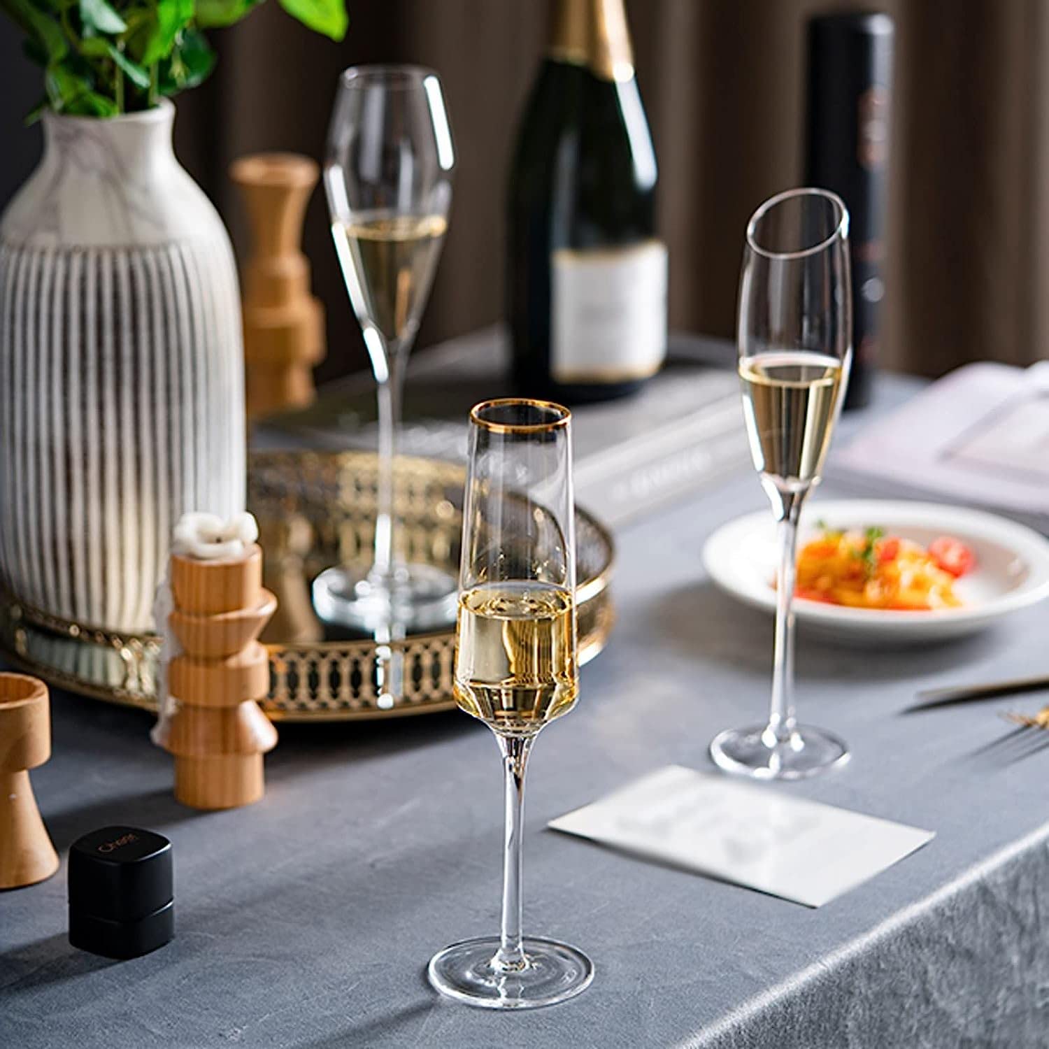 Flûtes à Champagne 230 ML Verres à Champagne à Bord doré Home Premium Goblet Set Flûtes à Champagne en Verre de Cristal pour Mariage, Anniversaire, Noël 2 pièces pour Les fêtes