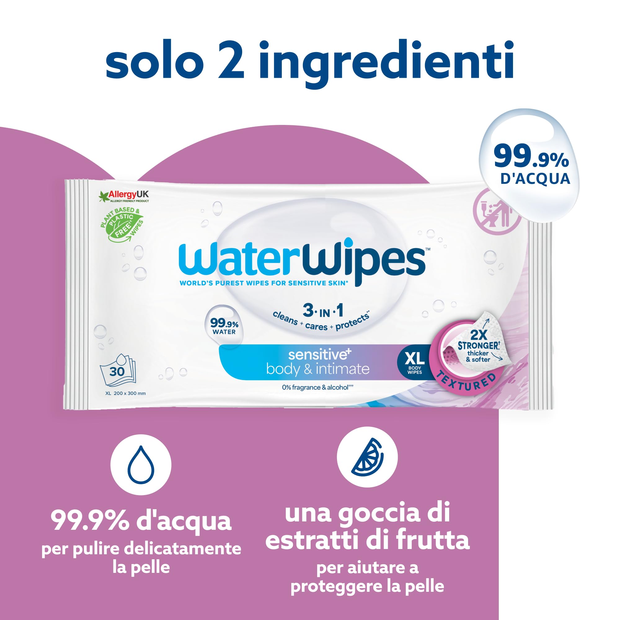 WaterWipes Sensitive+ Body & Intimate Wipes, Corpo e Igiene Intima, 90 Pezzi (3 Confezioni), Deterge, Cura, Protegge, 99,9% Acqua, Senza Profumo, Per Adulti