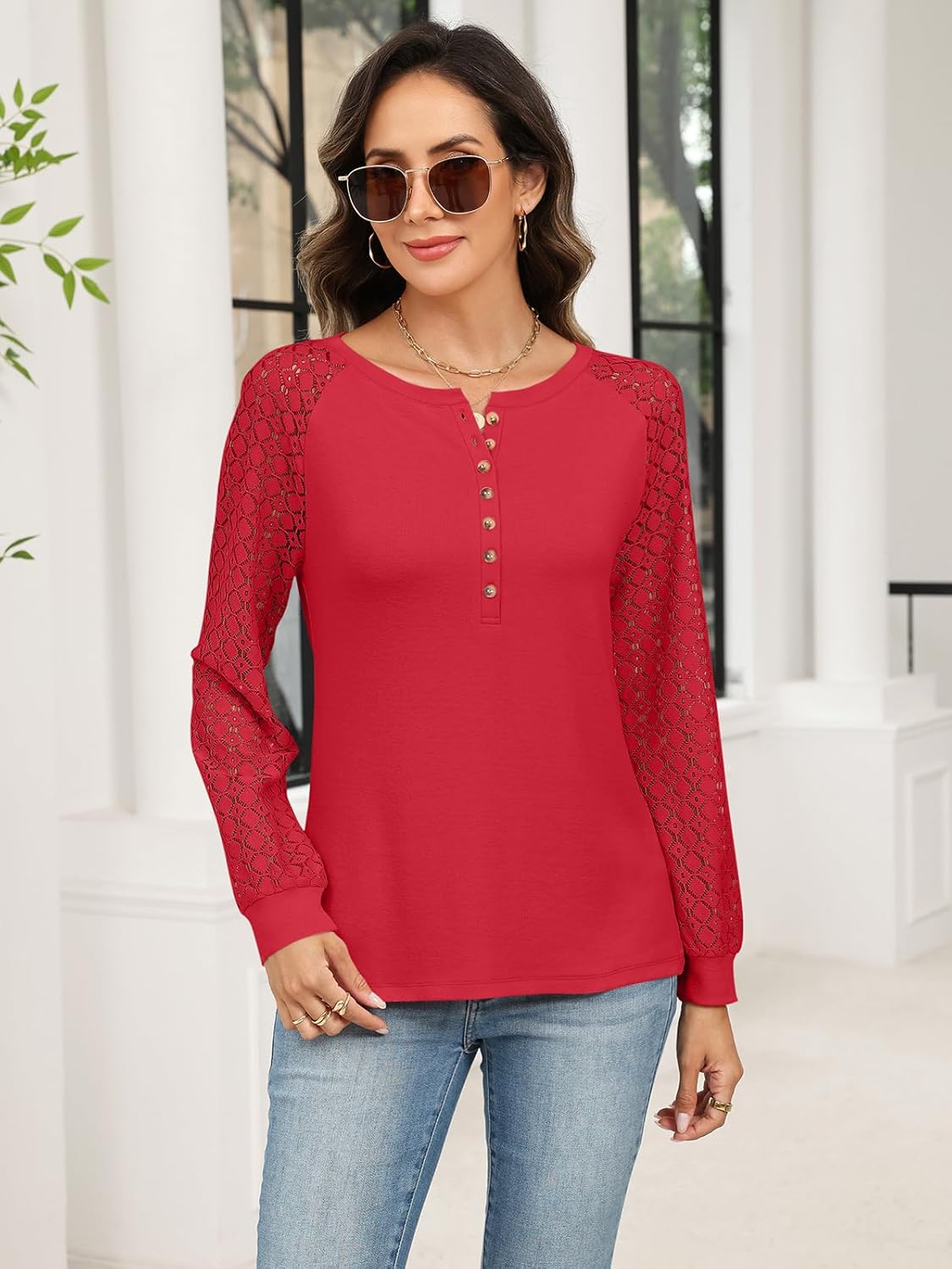 Minetom Women's Lace Long Sleeve Tops Henley Shirts Casual Blouses T Shirts Fall Clothes - Image 2