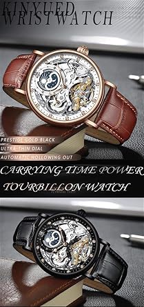 Mens Luxury Skeleton Automatic Mechanical Wrist Watches Leather Moon Phrase Luminous Hands Self-Wind Watch,Tourbillon Automatic Waterproof Wrist Watch,Black