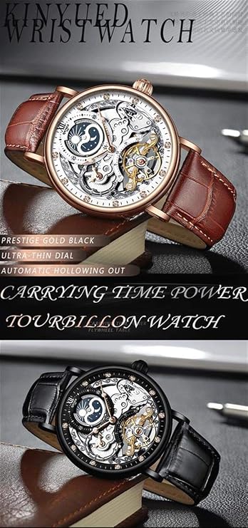 Mens Luxury Skeleton Automatic Mechanical Wrist Watches Leather Moon Phrase Luminous Hands Self-Wind Watch,Tourbillon Automatic Waterproof Wrist Watch,Black