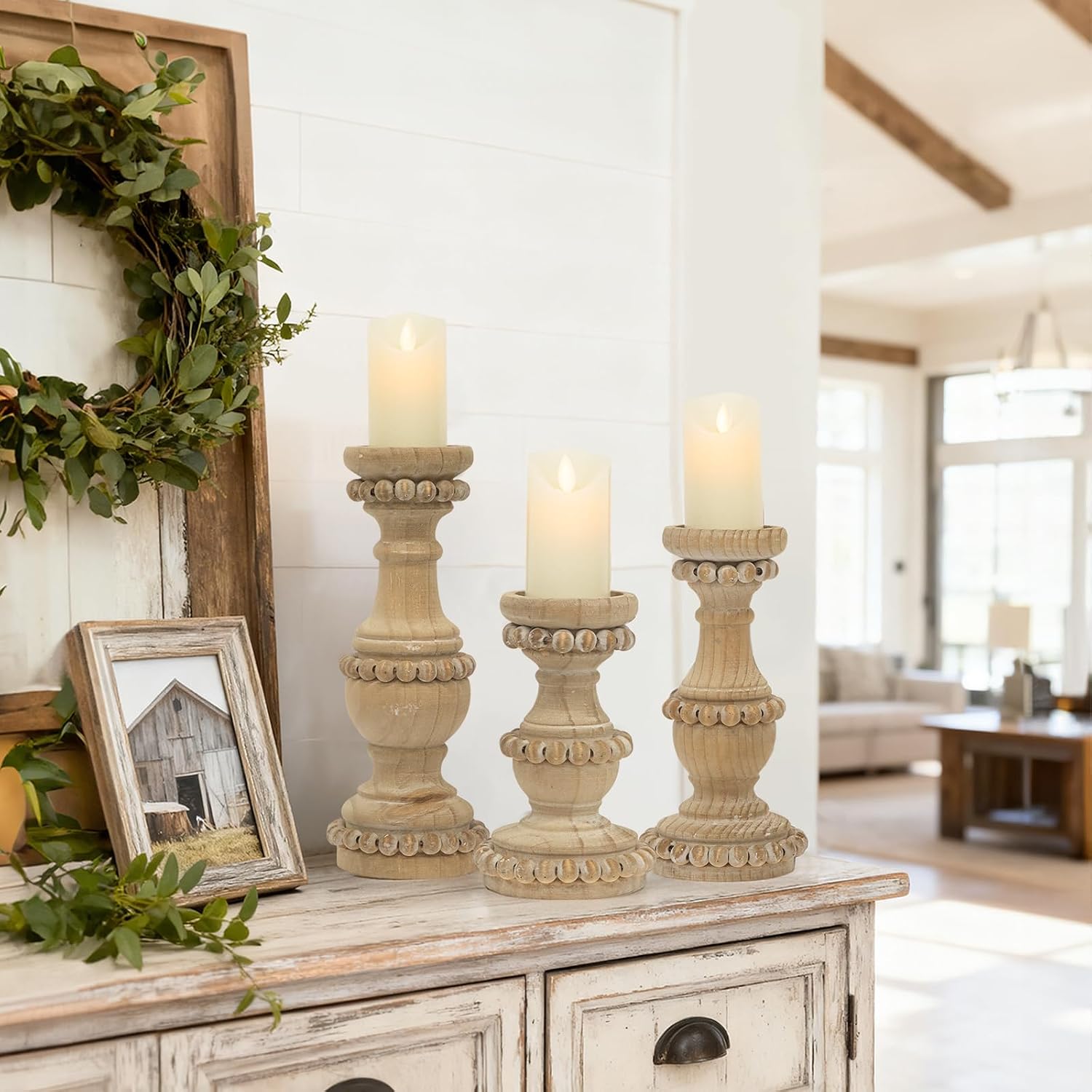 Farmhouse Wooden Candle Holders for Pillar Candles, Set of 3 Vintage Wooden Beaded Candle Holder, Tall Candle Stand Decorative for Living Room, Table Centerpiece (Natural)