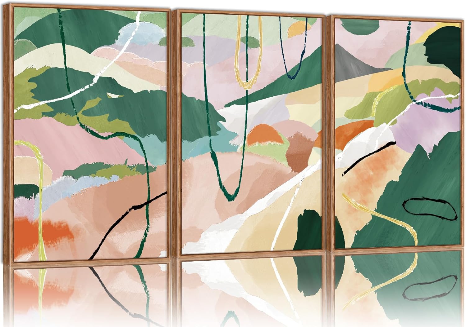 Tinonedraw Colorful Abstract Framed Canvas Wall Art Set, 3 Panel Green Pink Girly Oils Inks Artwork, Three Pieces Neutral Modern Minimalist Wall Decor for Living Room Bedroom Office 24"x36"x3 Colorful Abstract 36L" x 24W"