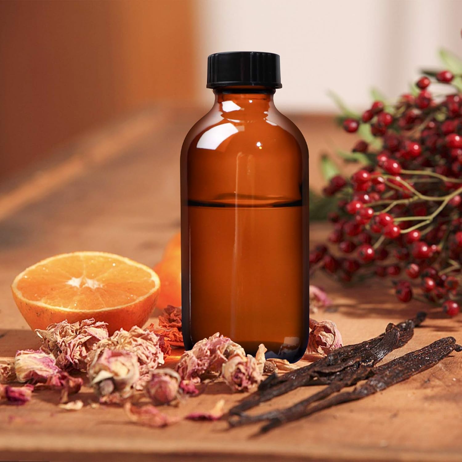 HWASHIN 12 Pack 4 oz Amber Boston Round Glass Bottles with Black Caps for Essential Oils, Perfumes & Lab Chemicals( 1 Brush, 2 Funnels and 24 Pieces Labels Included ) : Industrial & Scientific