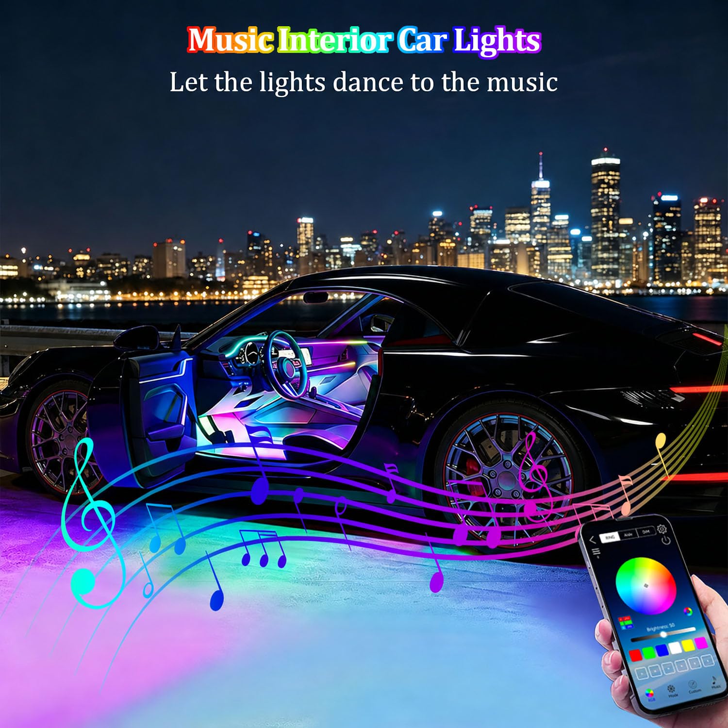 Luci LED per interni auto, Illuminazione ambientale per auto con controllo APP, Luci interne per auto RGB 6 in 1, Kit luci per atmosfera auto con sincronizzazione musicale Dynamic Dreamcolor Chasing