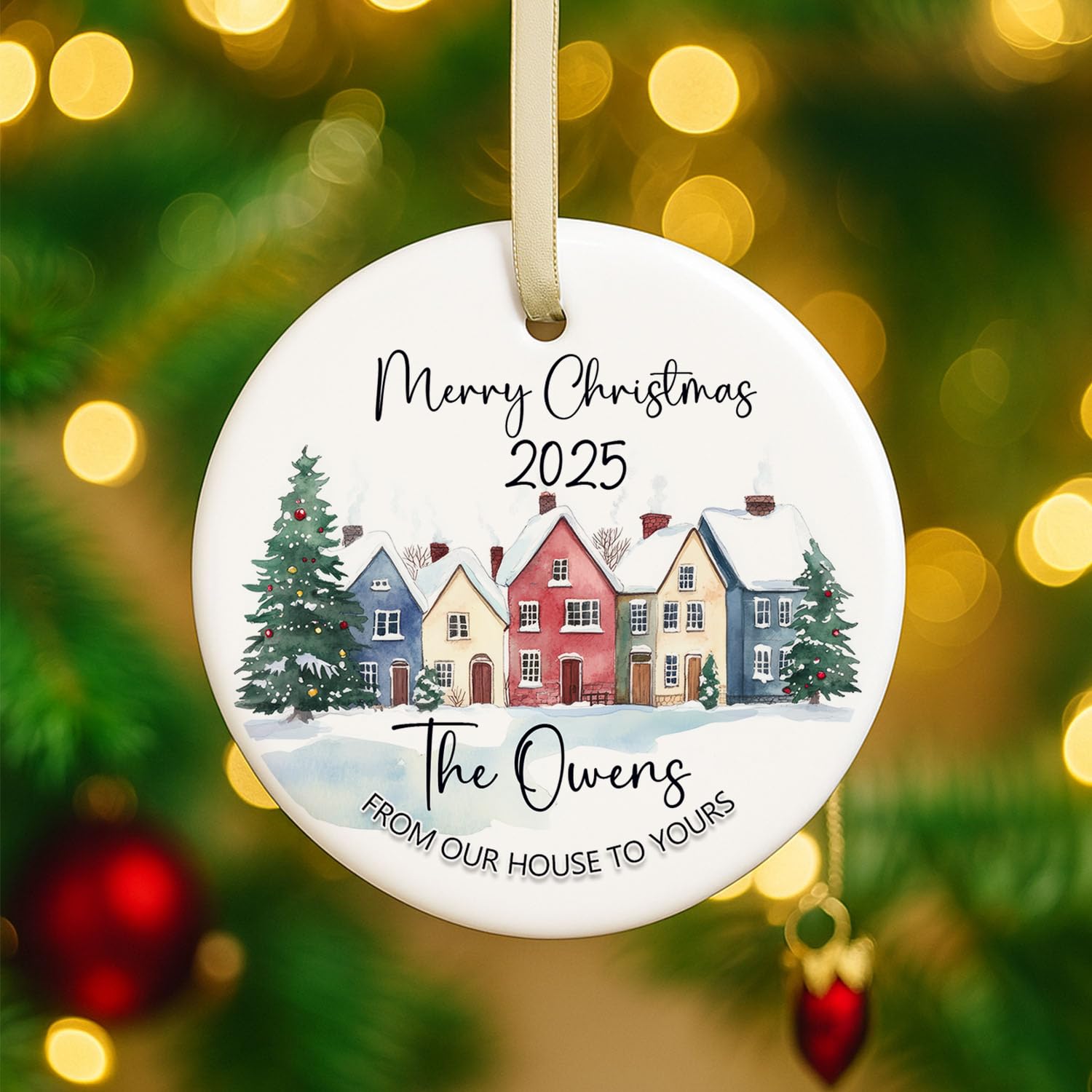 GuteGifts Personalised Christmas Ceramic Bauble - FROM OUR HOUSE TO YOURS - Gift for Family Member/Friends/Colleague Ornaments Xmas Tree Decor Merry Christmass Hanging Sign Keepsake