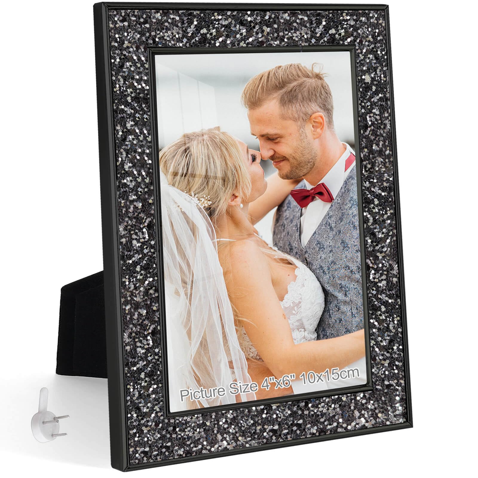 HIKWADERY 4x6 Picture Frame Glitter, Black Bling 4 by 6 Photo Frames with HD Real Glass, for Wall or Tabletop Display, Family Friends Wedding Father's Day Gift (4 x 6, Black)
