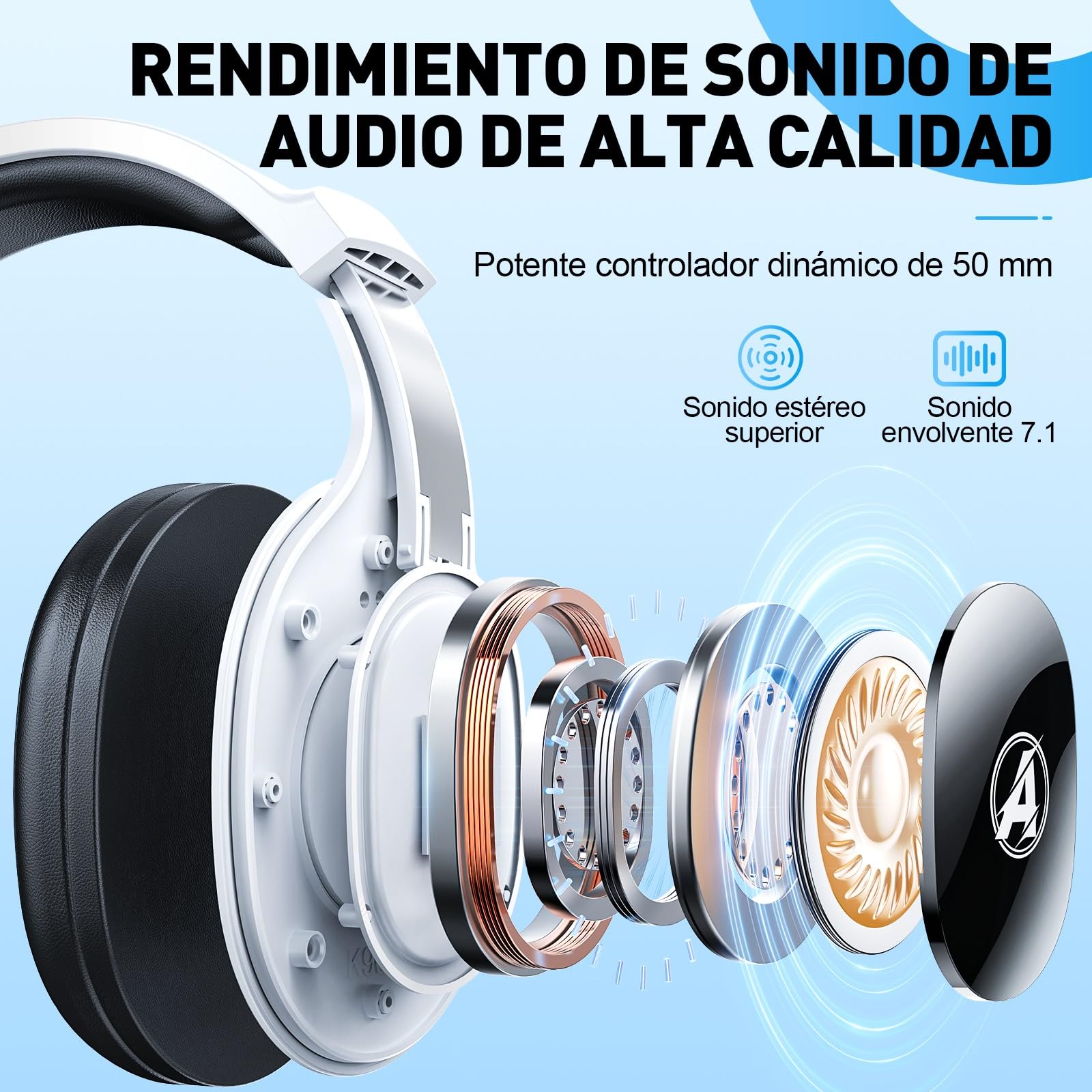 Cascos Gaming Inalambricos para PS4, PS5, PC, Mac, Switch, Auriculares Gaming Inalambricos con Cancelación de Ruido y Luz RGB, 2,4 GHz, Sonido Estéreo 7.1, Blanco