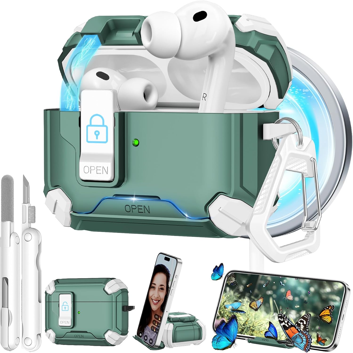 for Airpods Pro 3 Case 2025, with Safety Lock & Phone Stand for AirPods Pro 3rd Generation Case Cover with Cleaner & Keychain, Shockproof & Anti-Scratch, Auto-Open, Compatible with MagSafe