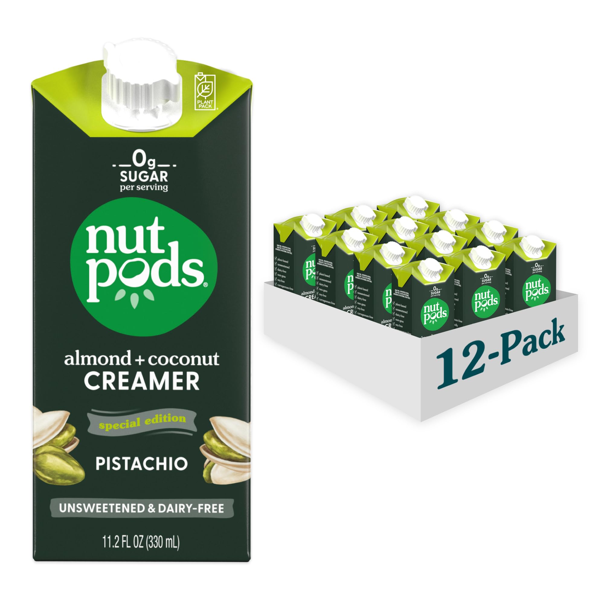nutpods Pistachio Unsweetened Dairy-Free Creamer, Made from Almonds and Coconuts, Whole30, Keto, Gluten Free, Non-GMO, Vegan, Kosher (12-Pack)