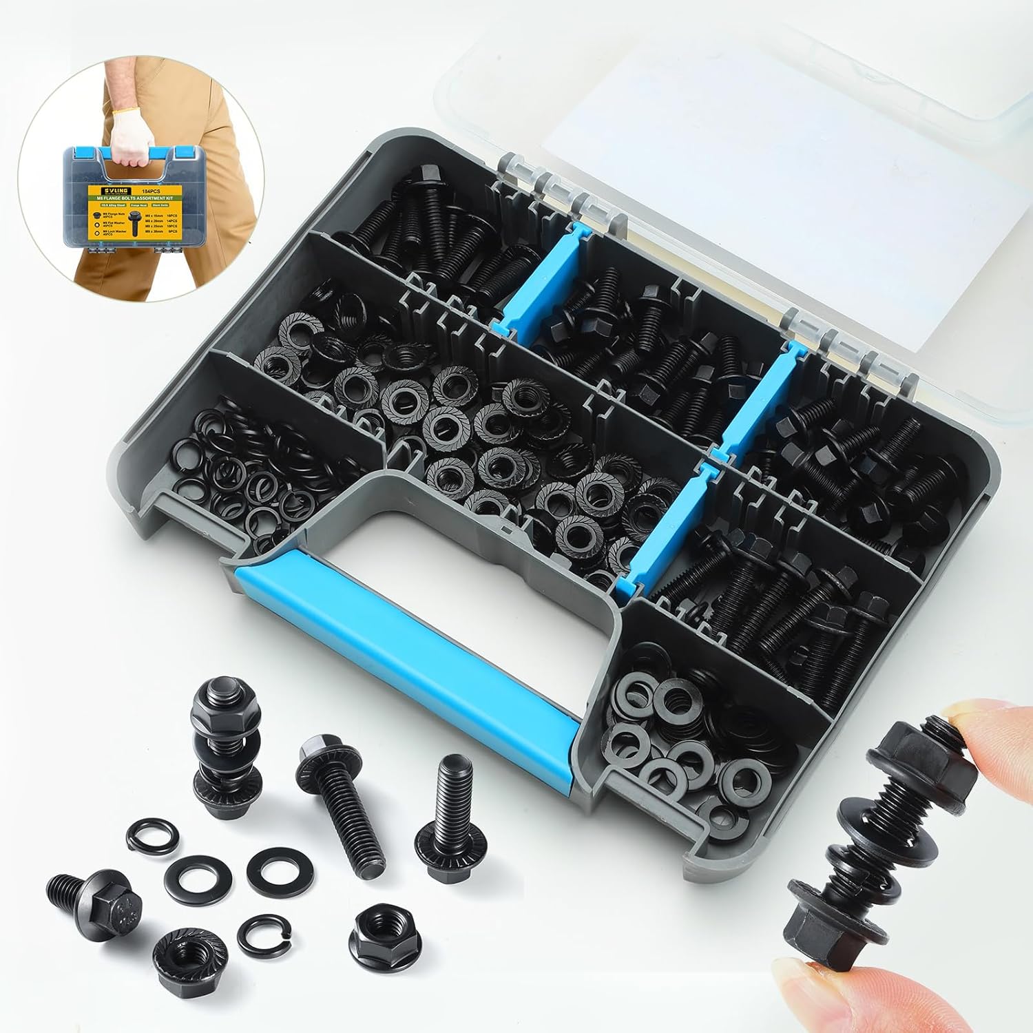 M8-1.25 Bolt Flange Head Bolts Assortment Kit,184Pcs Metric Bolts and Nuts Kit Serrated Flange Nuts Washers,10.9 Alloy Steel Black Zinc Plated(M8x16/20/25/30mm)